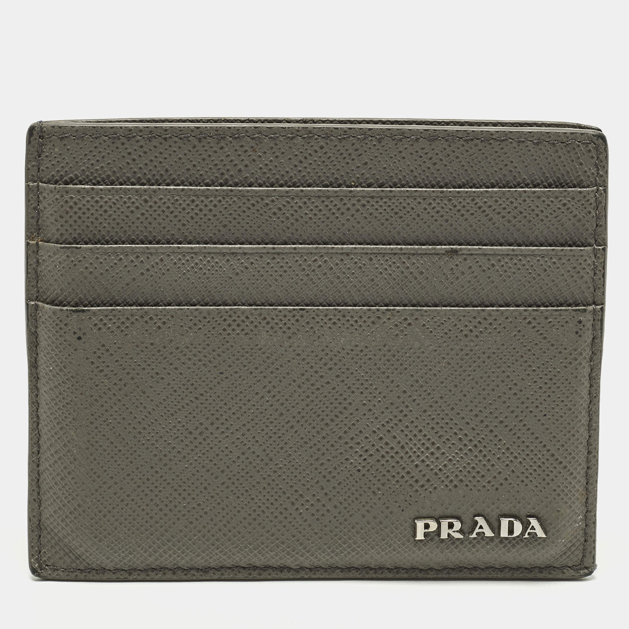 Pre Owned Prada Grey/Blue Saffiano Leather Card Holder