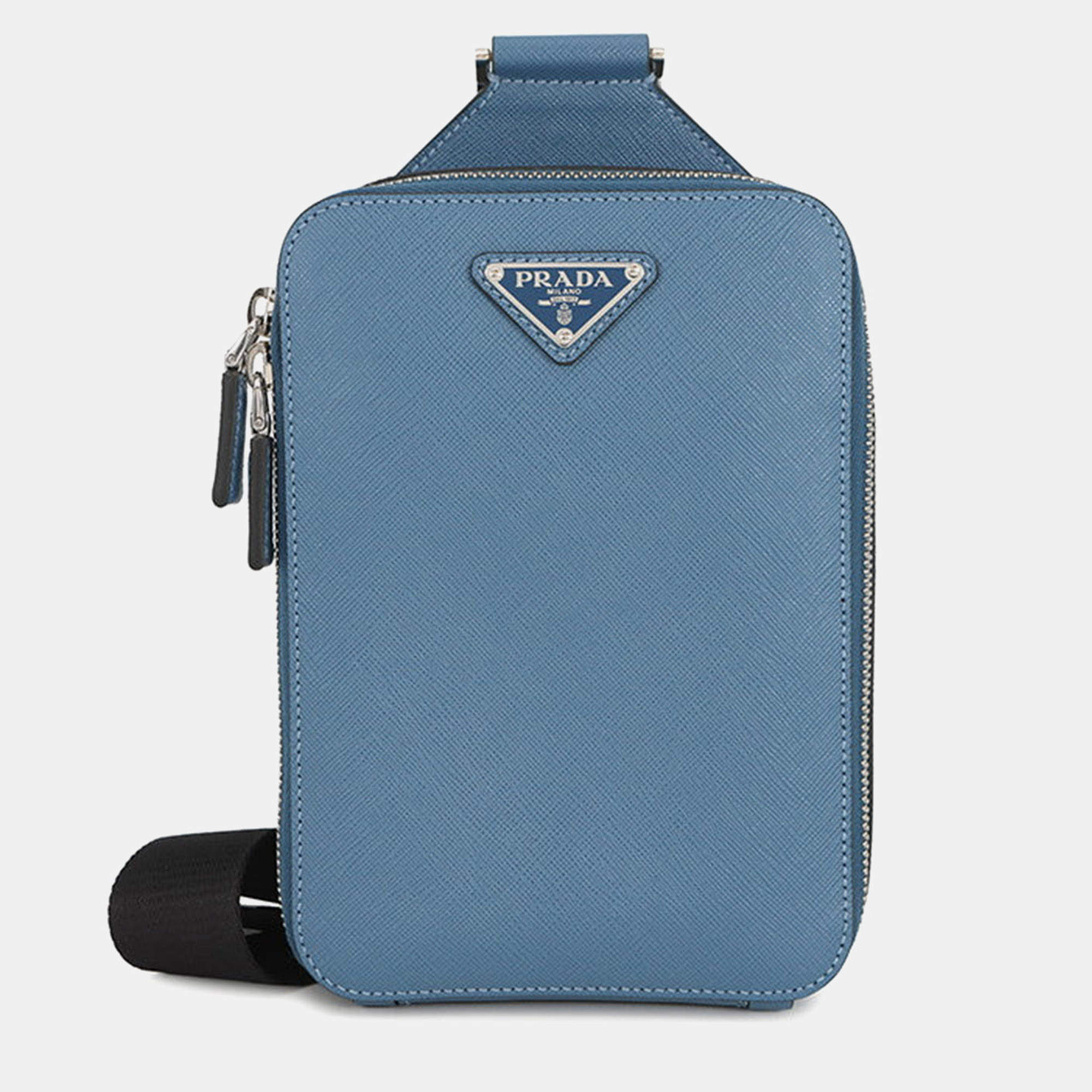 Pre Owned Prada Brique One Shoulder Bag Blue Saffiano Leatherleather