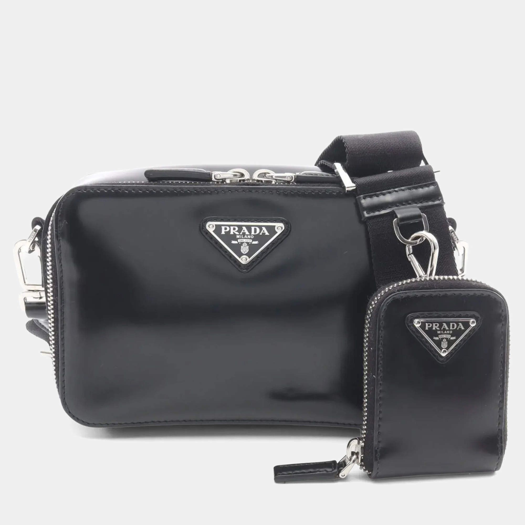 Pre Owned Prada Brick Shoulder Bag Patent Leather Black