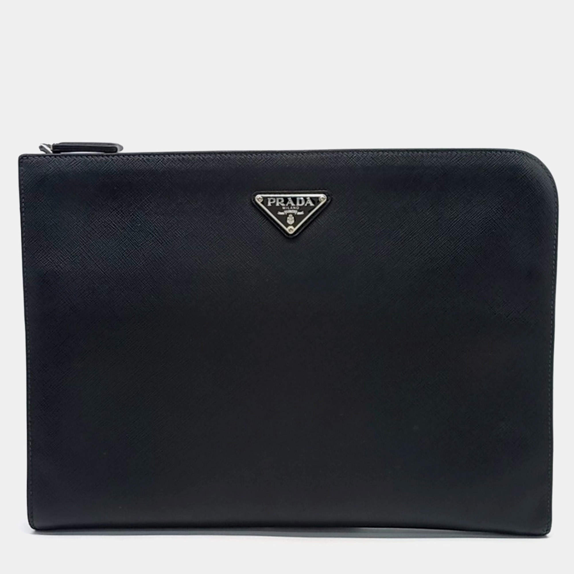 Pre Owned Prada Black Leather Saffiano Clutch