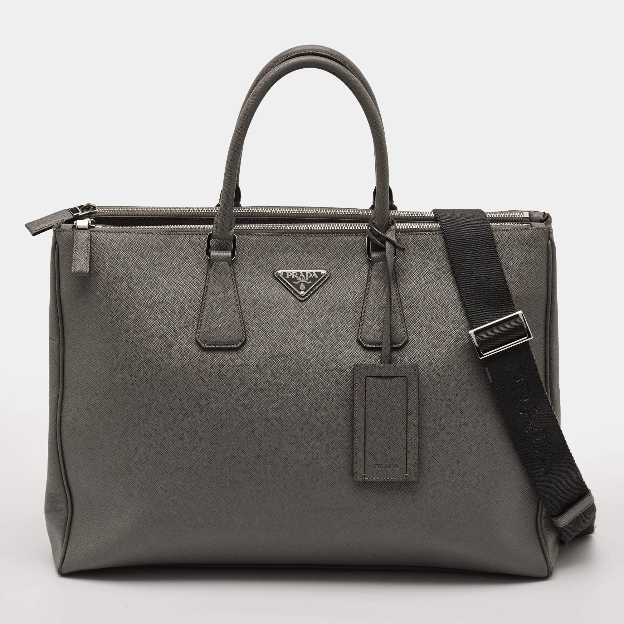 Pre Owned Prada Double Zip Grey Saffiano Lux Leather Tote