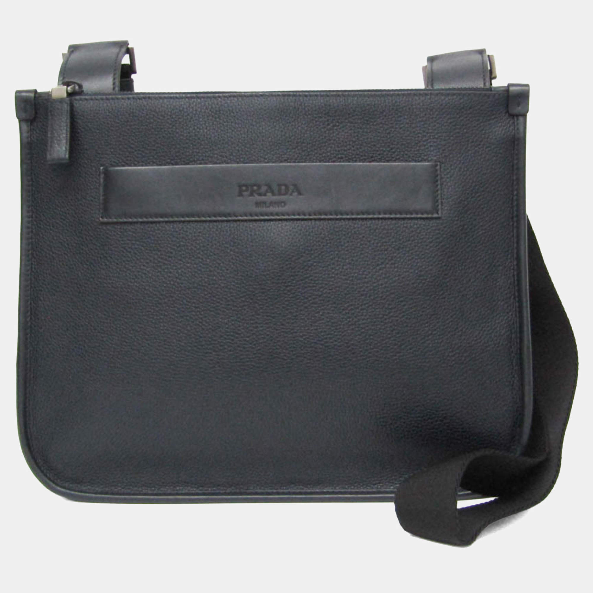 Pre Owned Prada Leather Messenger Bag Shoulder Bag Black Dark Navy