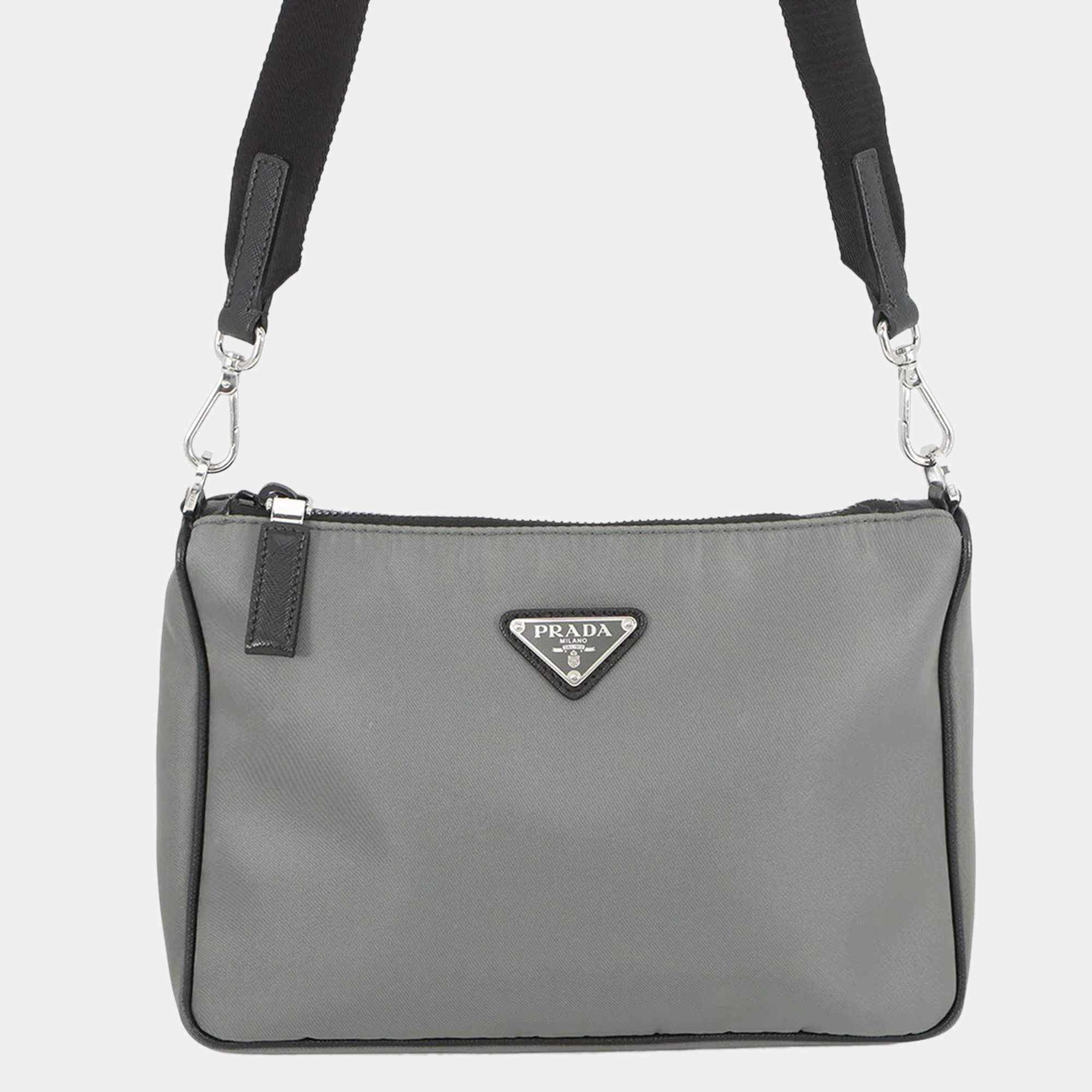 Pre Owned Prada Triangle Logo Bicolor Shoulder Bag Gray/Black Nylon Leather