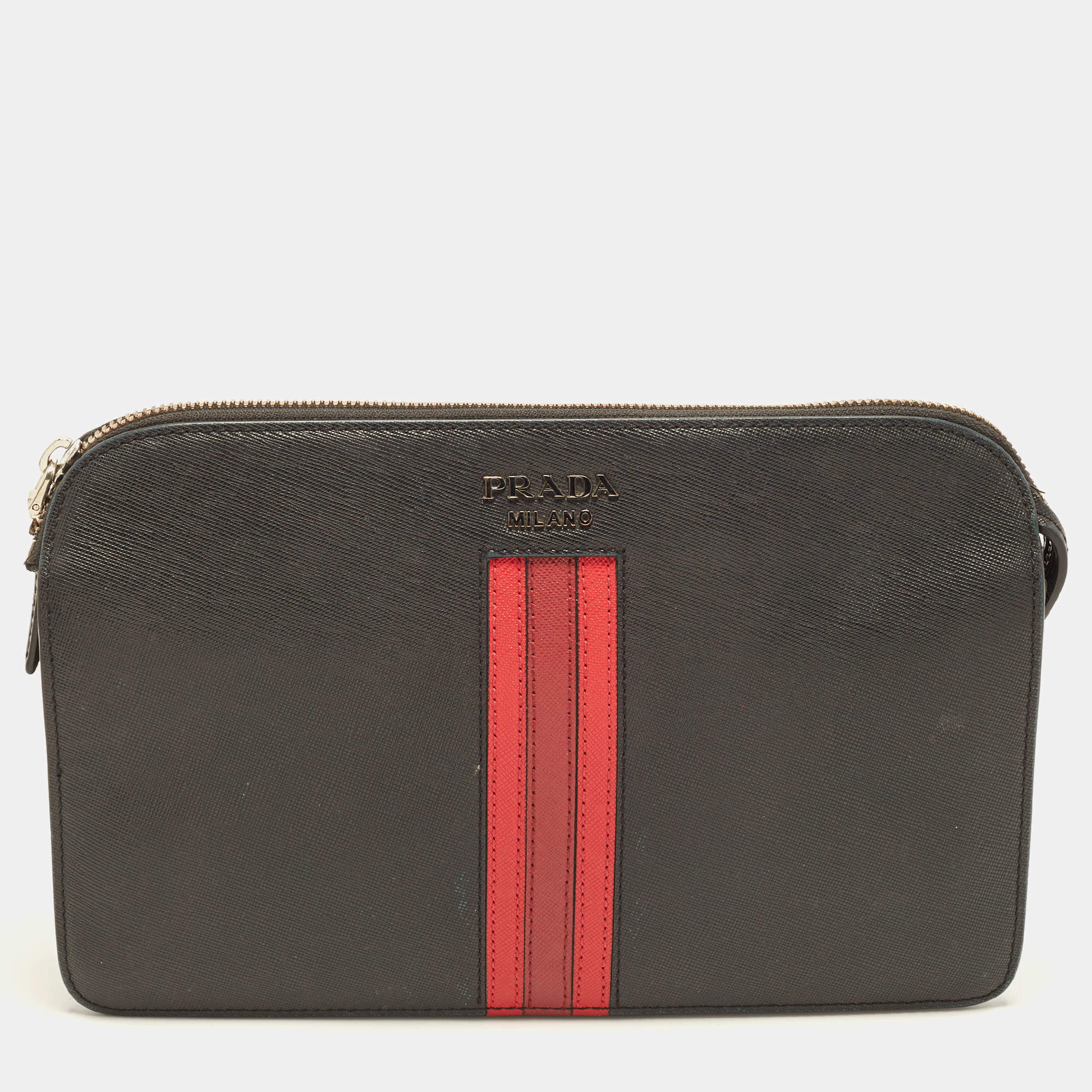 Pre Owned Prada Stripe Black Leather Pouch