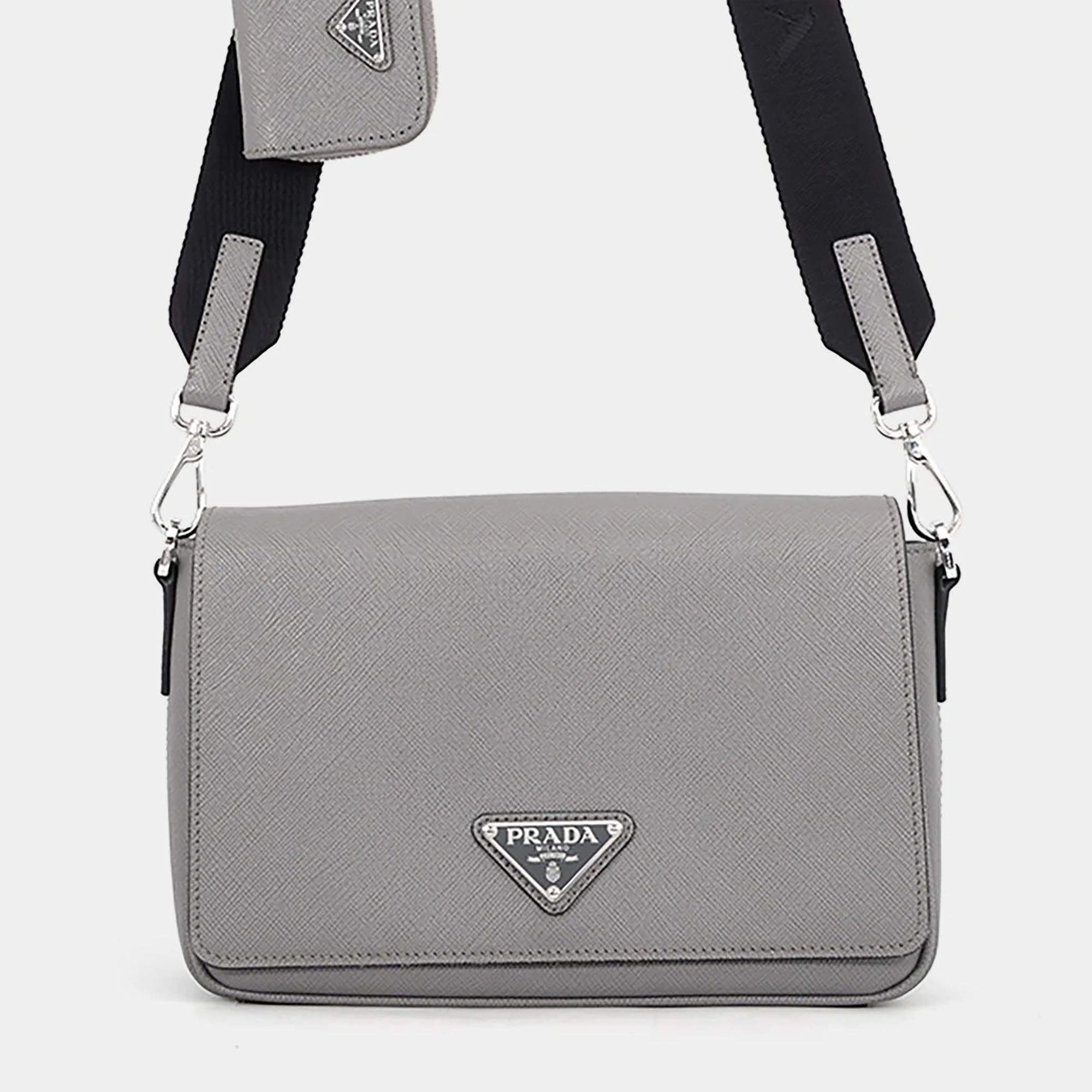 Pre Owned Prada Triangular Plate Gray Saffiano Leather Shoulder Bag