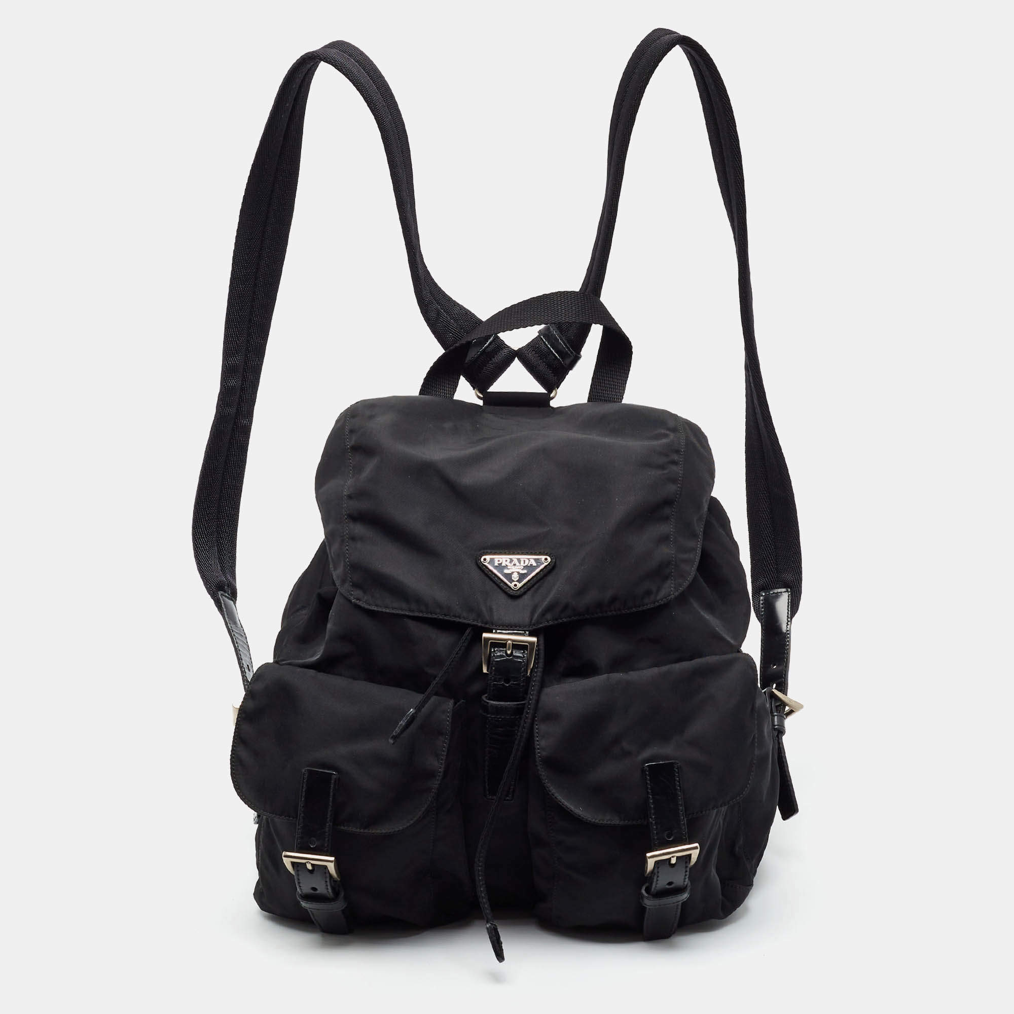 Pre Owned Prada Double Pocket Black Leather and Nylon Backpack