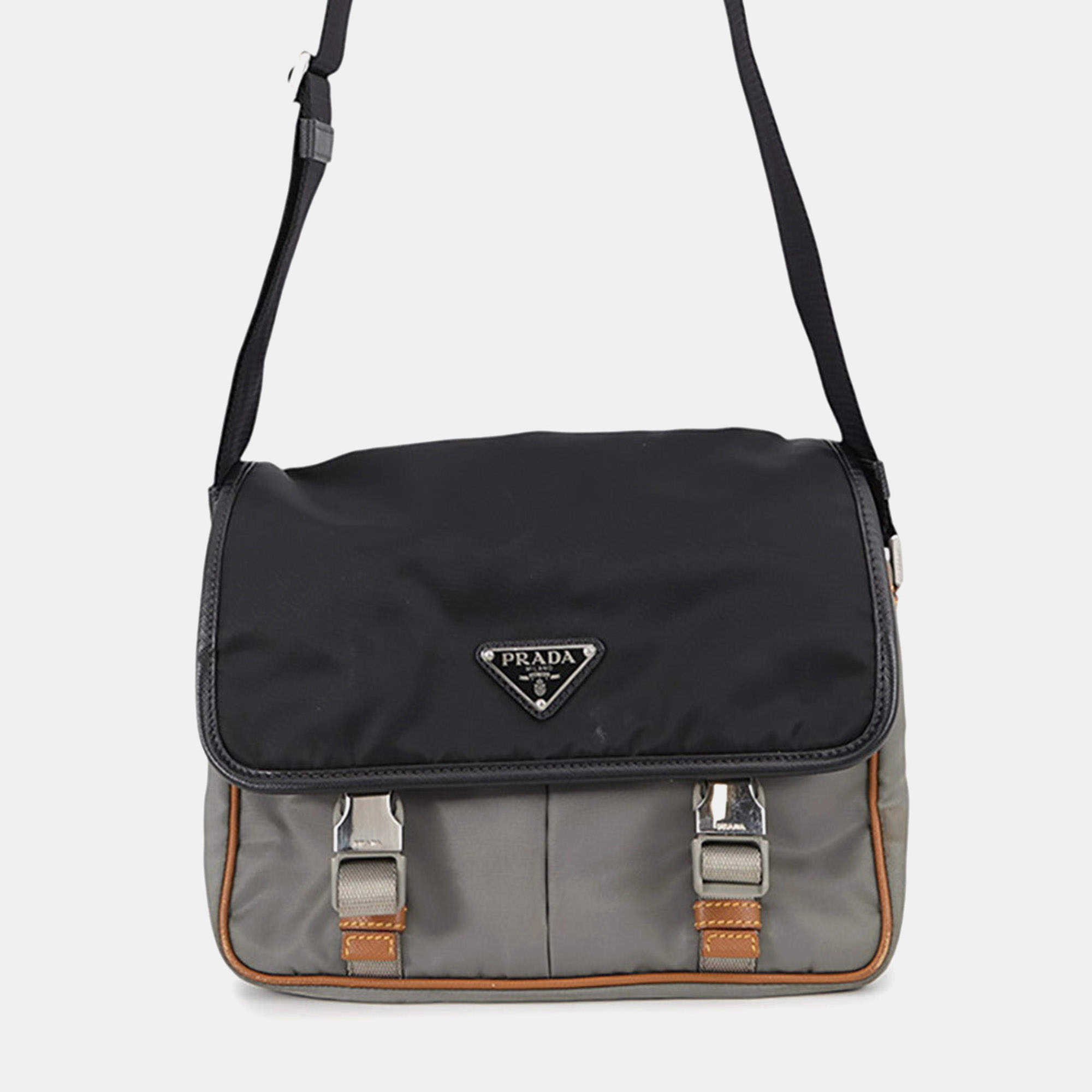 Pre Owned Prada 2VD769 Small Black Gray Brown Nylon Saffiano Leather Messenger Bag