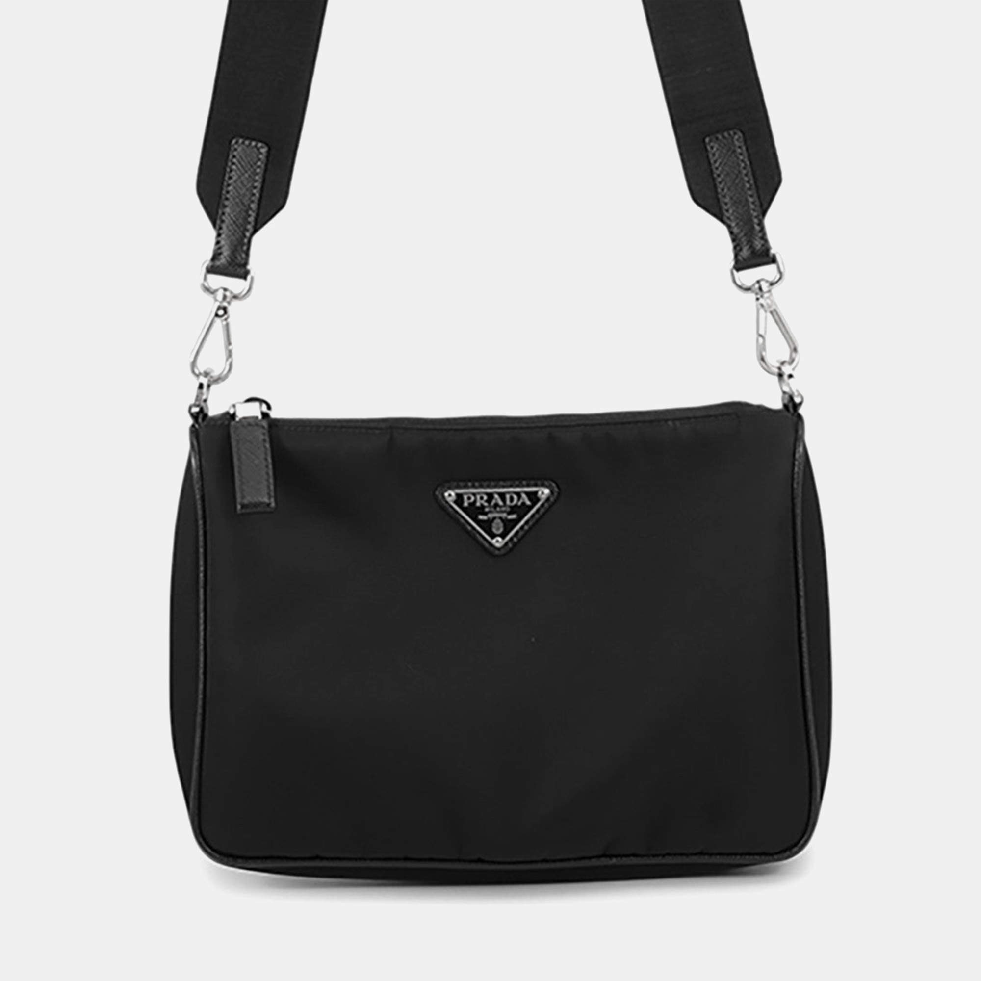 Pre Owned Prada Re-Nylon Black Nylon Saffiano Leather Shoulder Bag