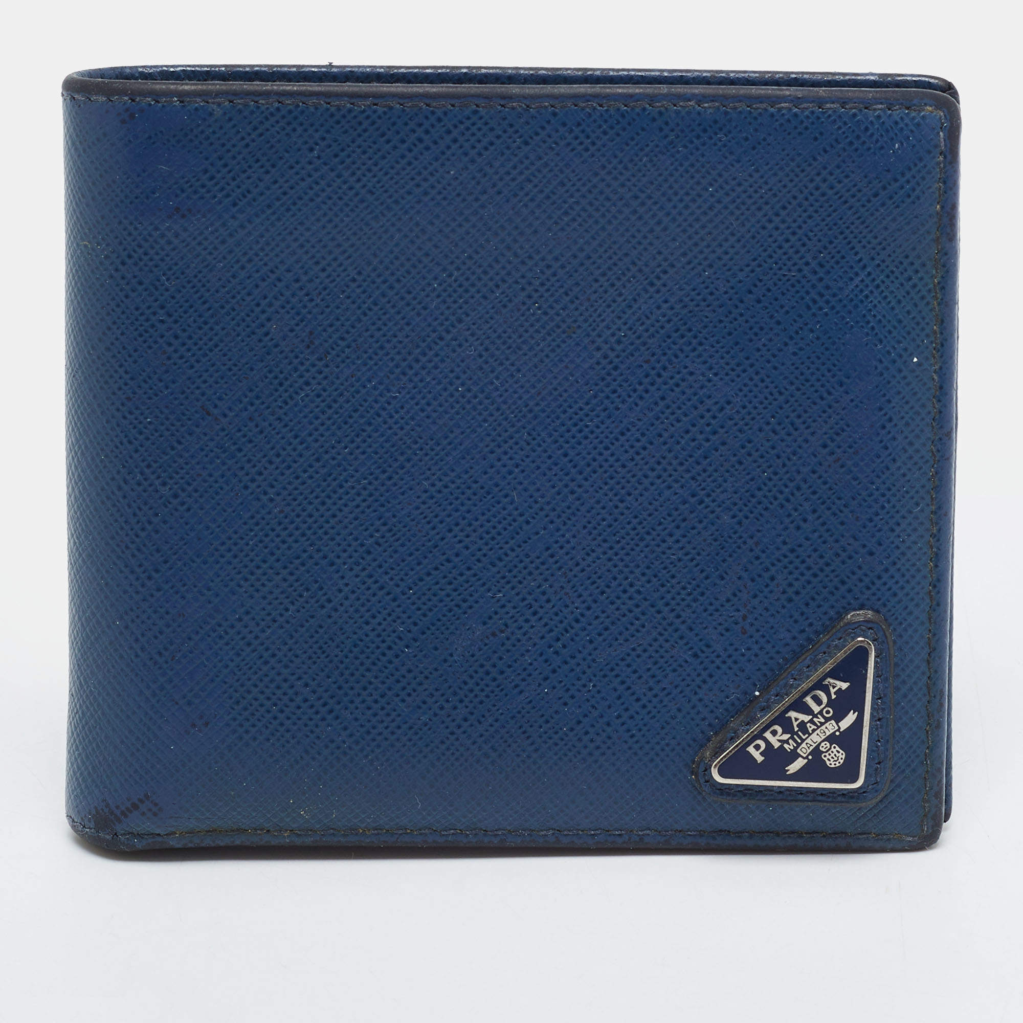 Pre Owned Prada Triangle Logo Navy Blue Leather Bifold Wallet