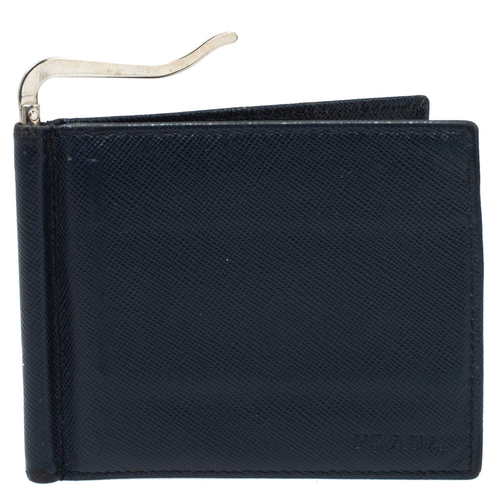 Prada Navy Blue Saffiano Lux Leather Money Clip Bi-fold Wallet