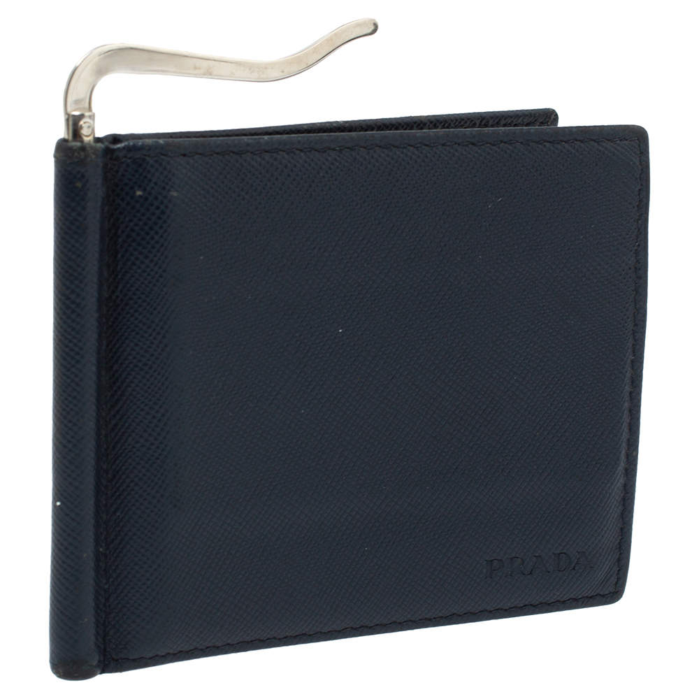 Prada Navy Blue Saffiano Lux Leather Money Clip Bi-fold Wallet