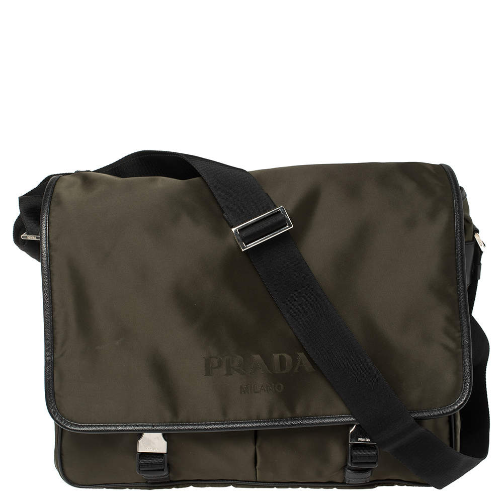 Prada Khaki Green/Black Nylon Flap Messenger Bag