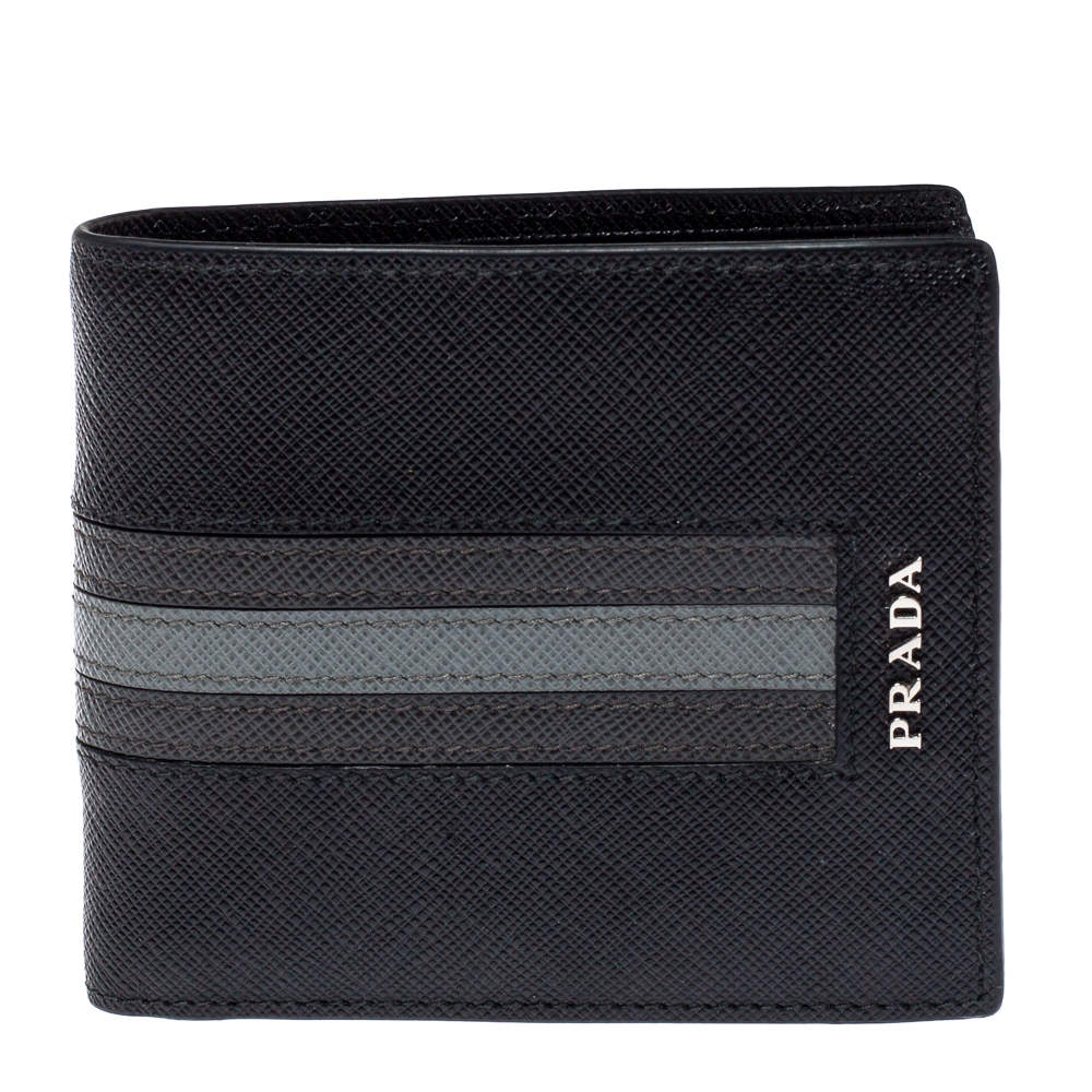 Prada Black/Grey Saffiano Leather Stripe Bi-Fold Wallet 