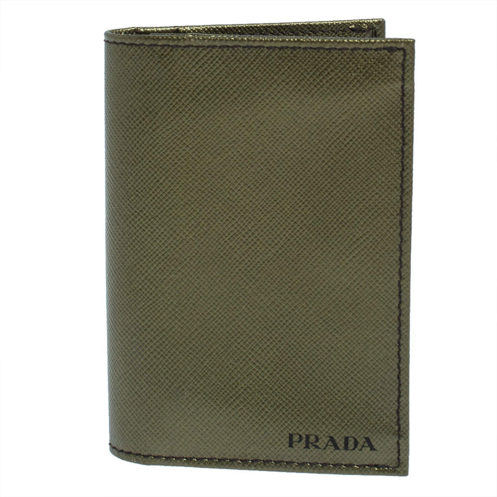 Prada Metallic Green Saffiano Leather Card Holder