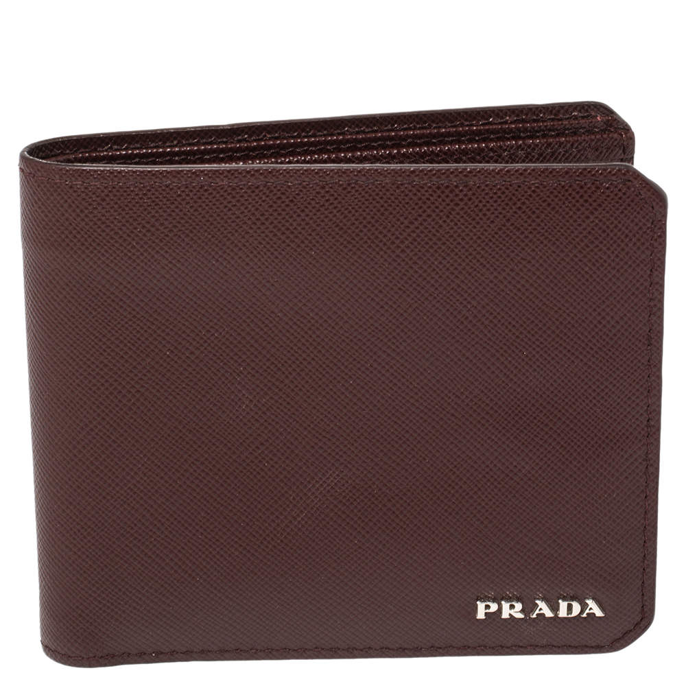 Pre Owned Prada Burgundy Saffiano Lux Leather Bifold Compact Wallet
