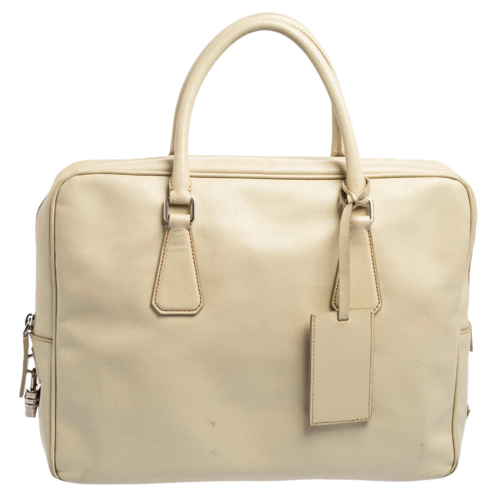Prada Cream Saffiano Lux Leather Laptop Bag
