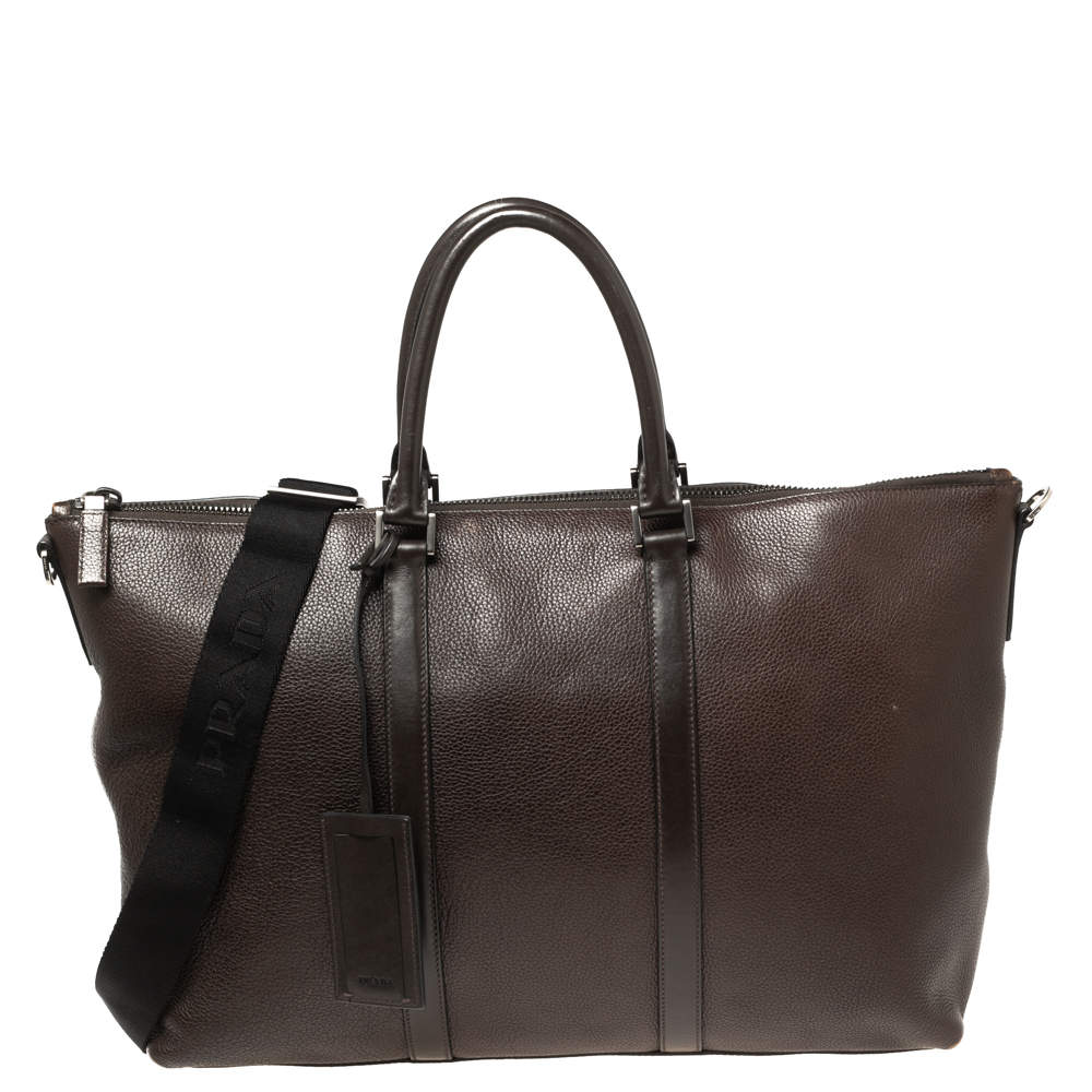 Prada Dark Brown Leather Top Zip Weekender Bag