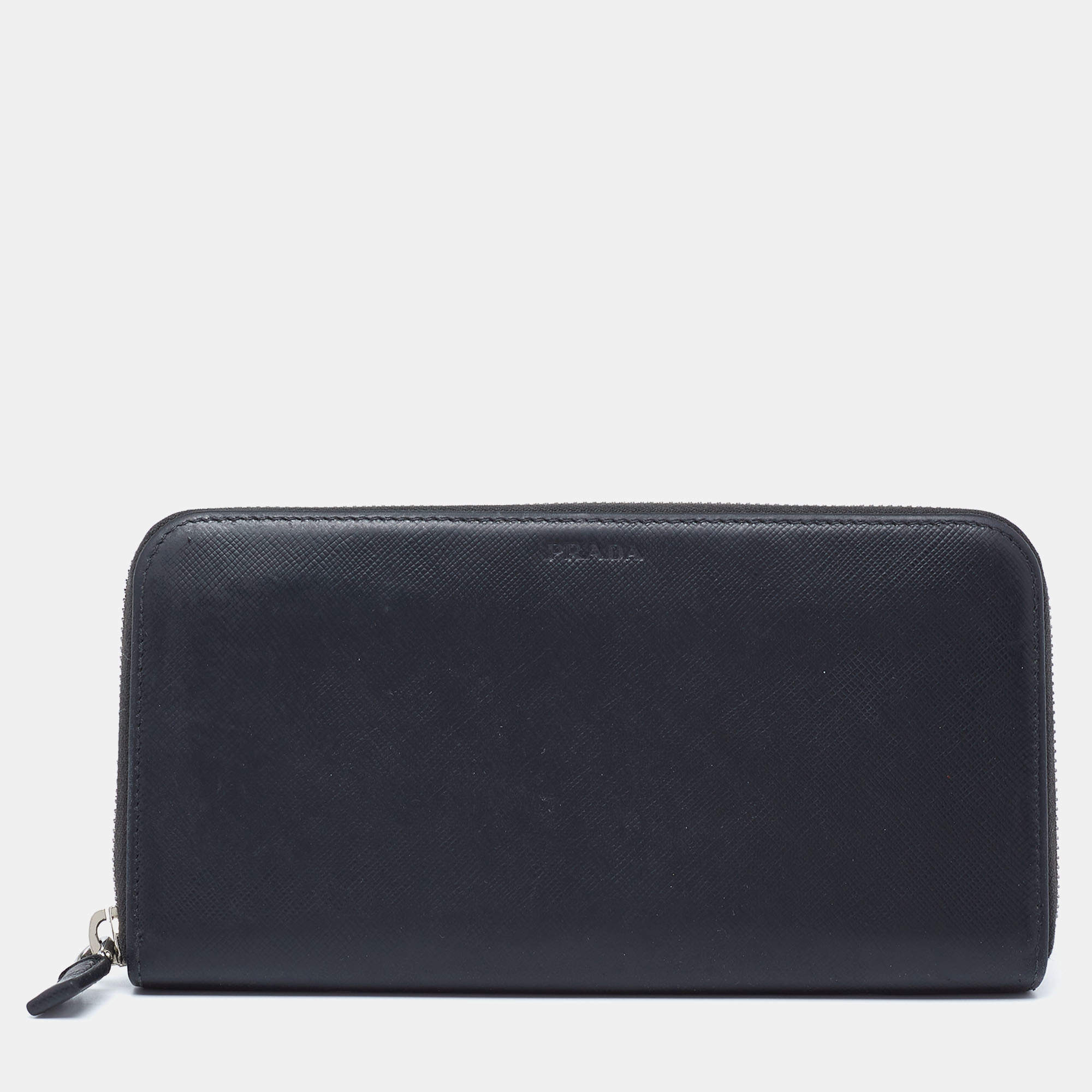 Pre Owned Prada Black Saffiano Leather Travel Zip Around Wallet