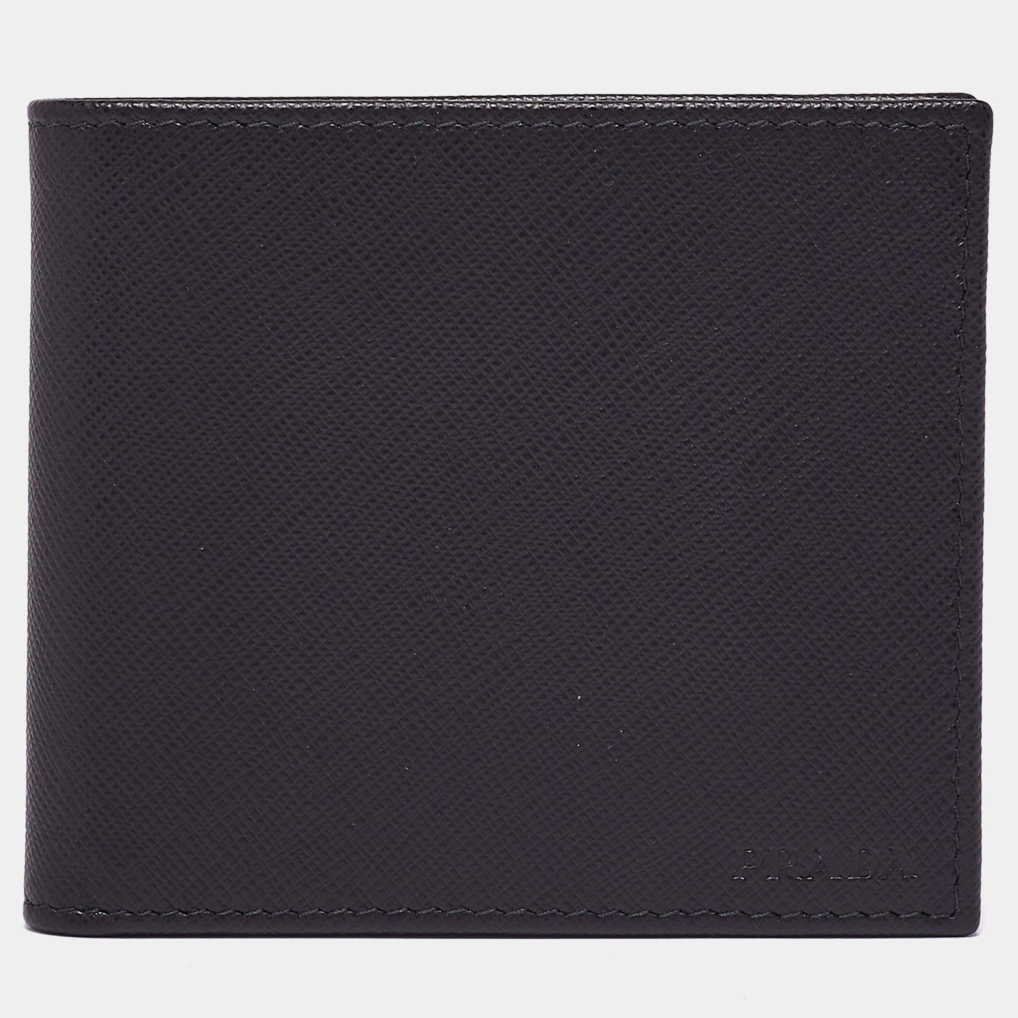 Prada Black Saffiano Metal Leather Bifold Compact Wallet