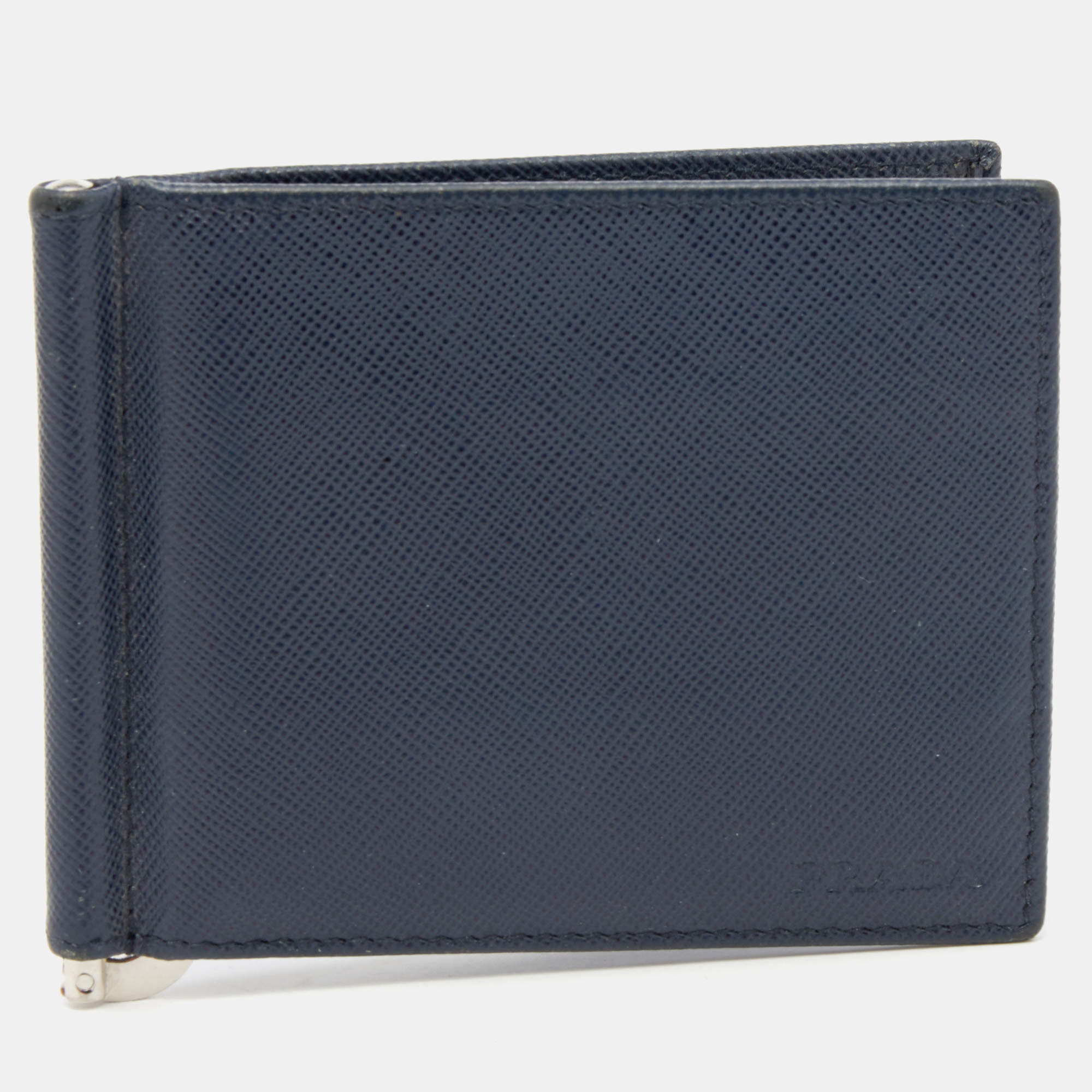 Pre Owned Prada Navy Blue Saffiano Leather Money Clip Bifold Wallet