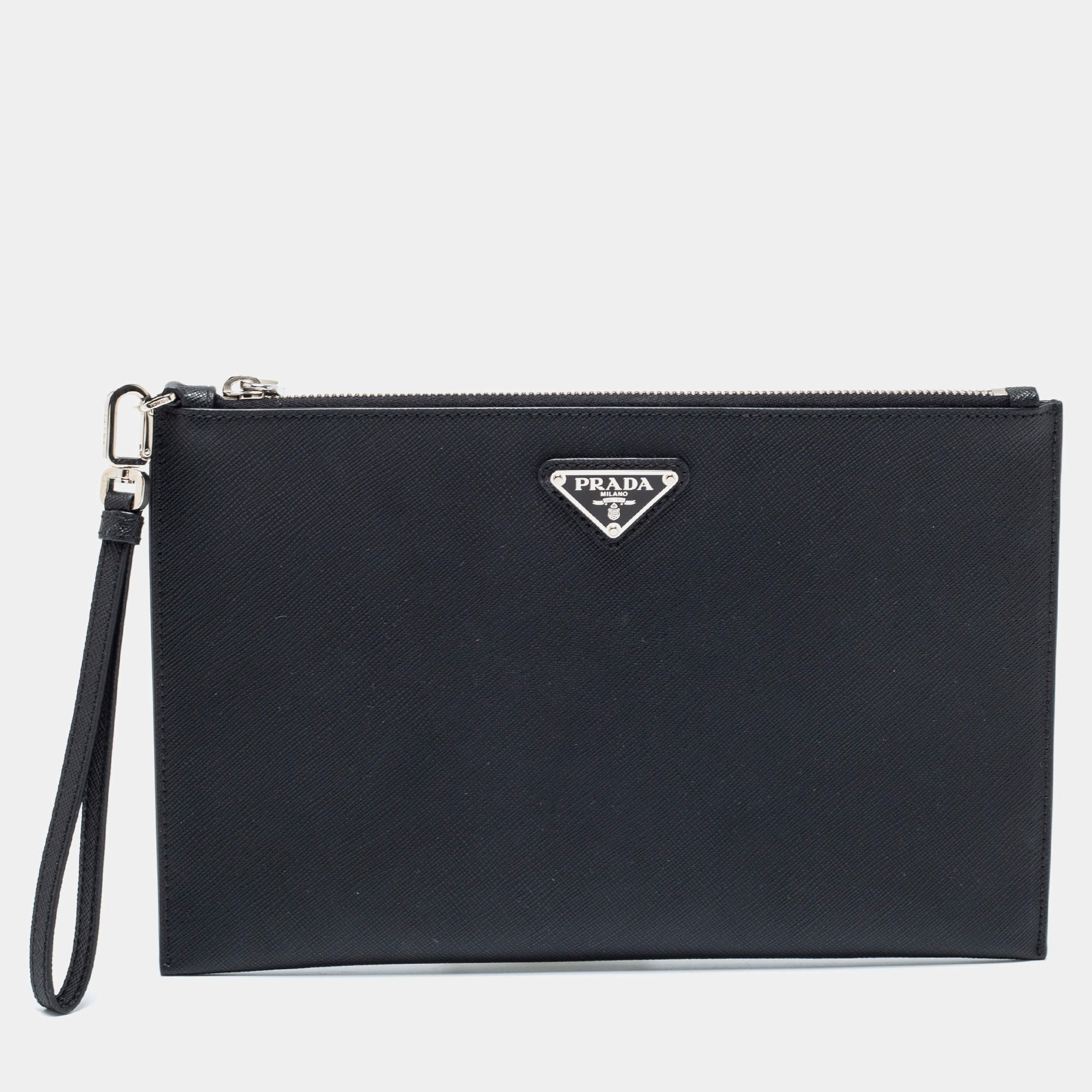 Pre Owned Prada Black Saffiano Leather Wristlet Pouch