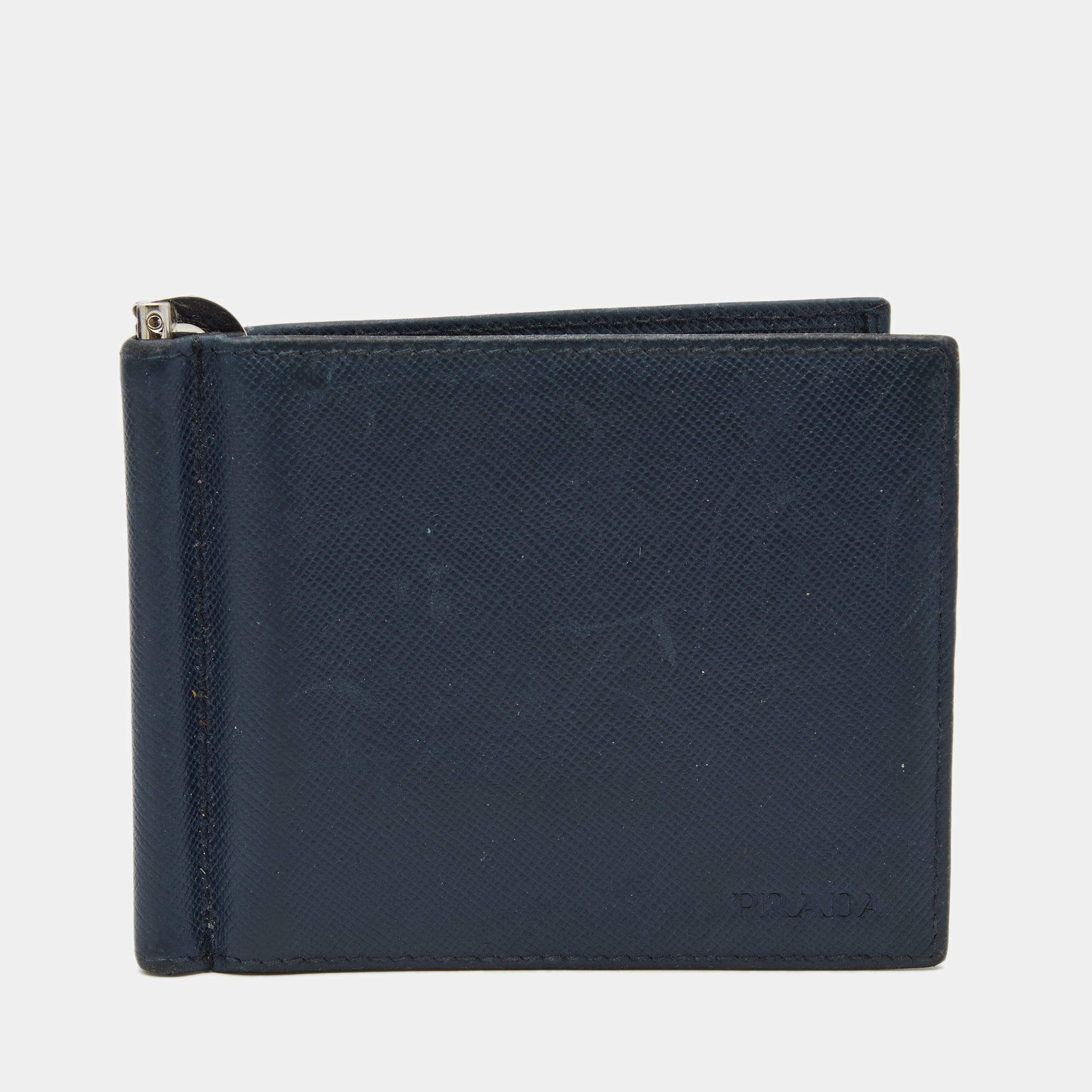Pre Owned Prada Navy Blue Saffiano Leather Money Clip Bifold Wallet