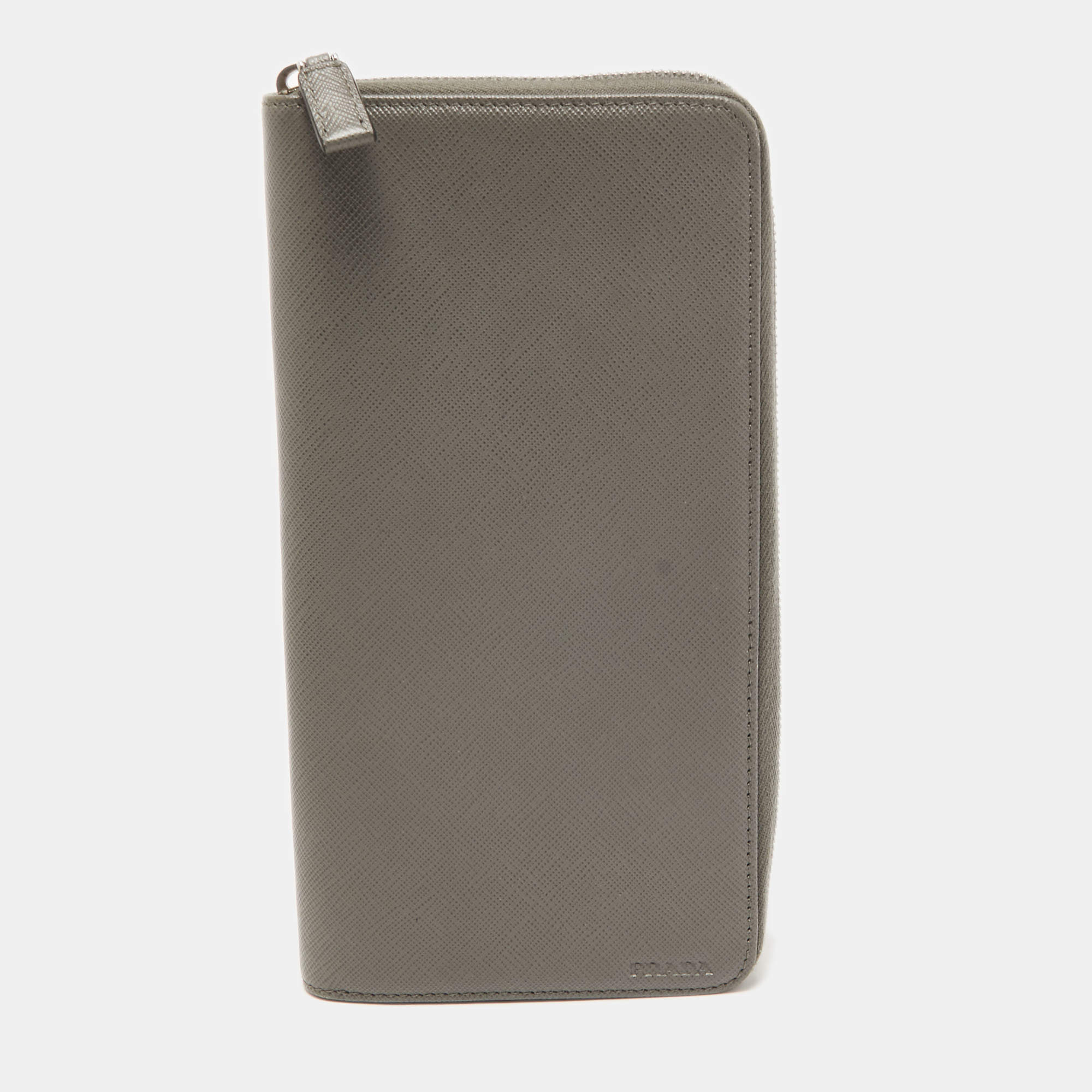 Prada Grey Saffiano Leather Organizer Zip Clutch
