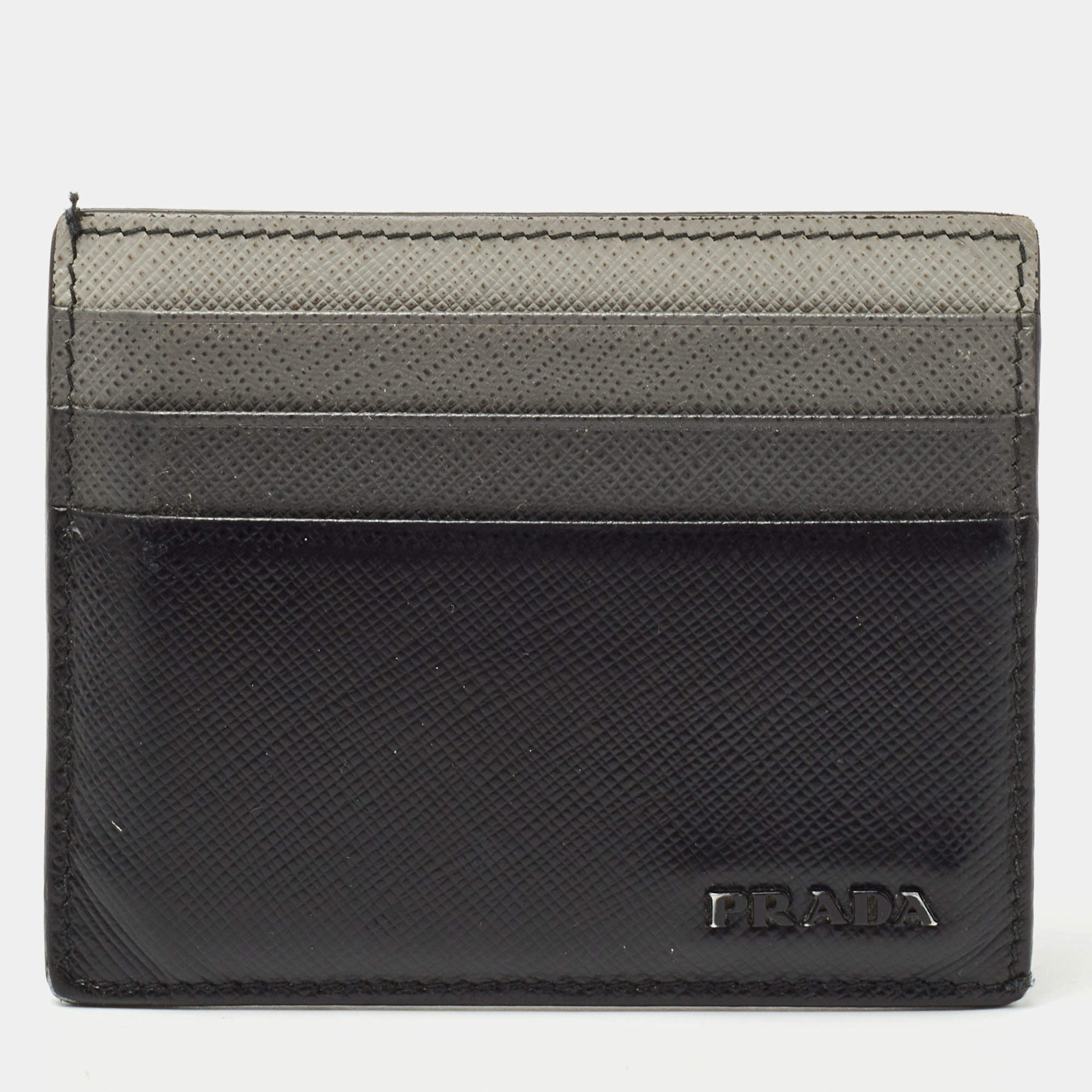 Pre Owned Prada Black Ombre Saffiano Metal Leather Card Holder