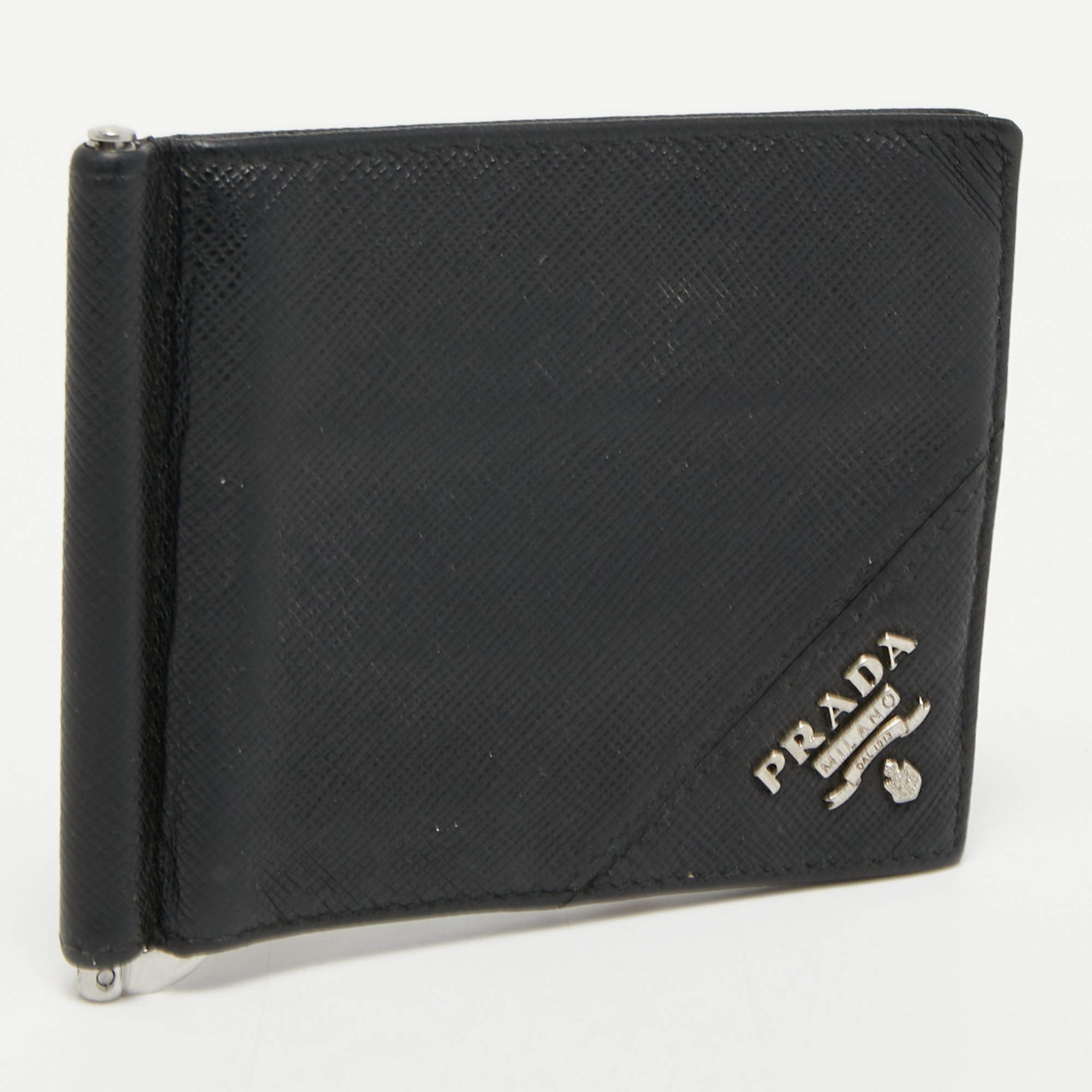 Prada Saffiano Metal Leather Money Clip Bifold Wallet