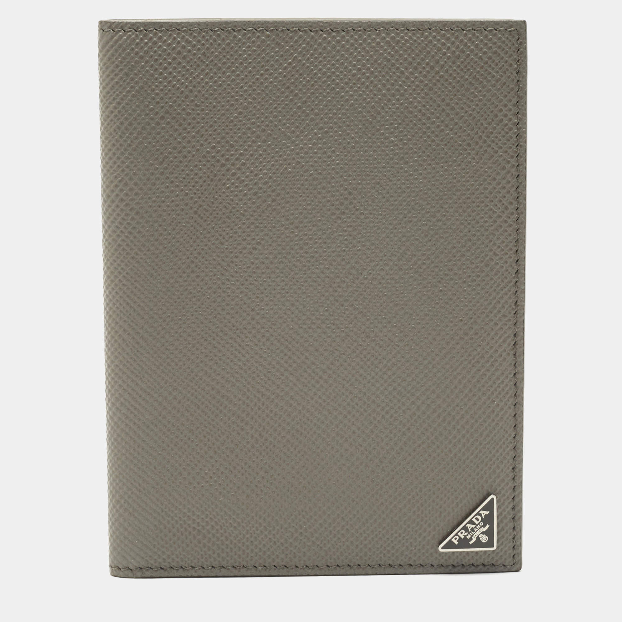 Prada Grey Saffiano Cuir Leather Triangle Logo Bifold Card Case