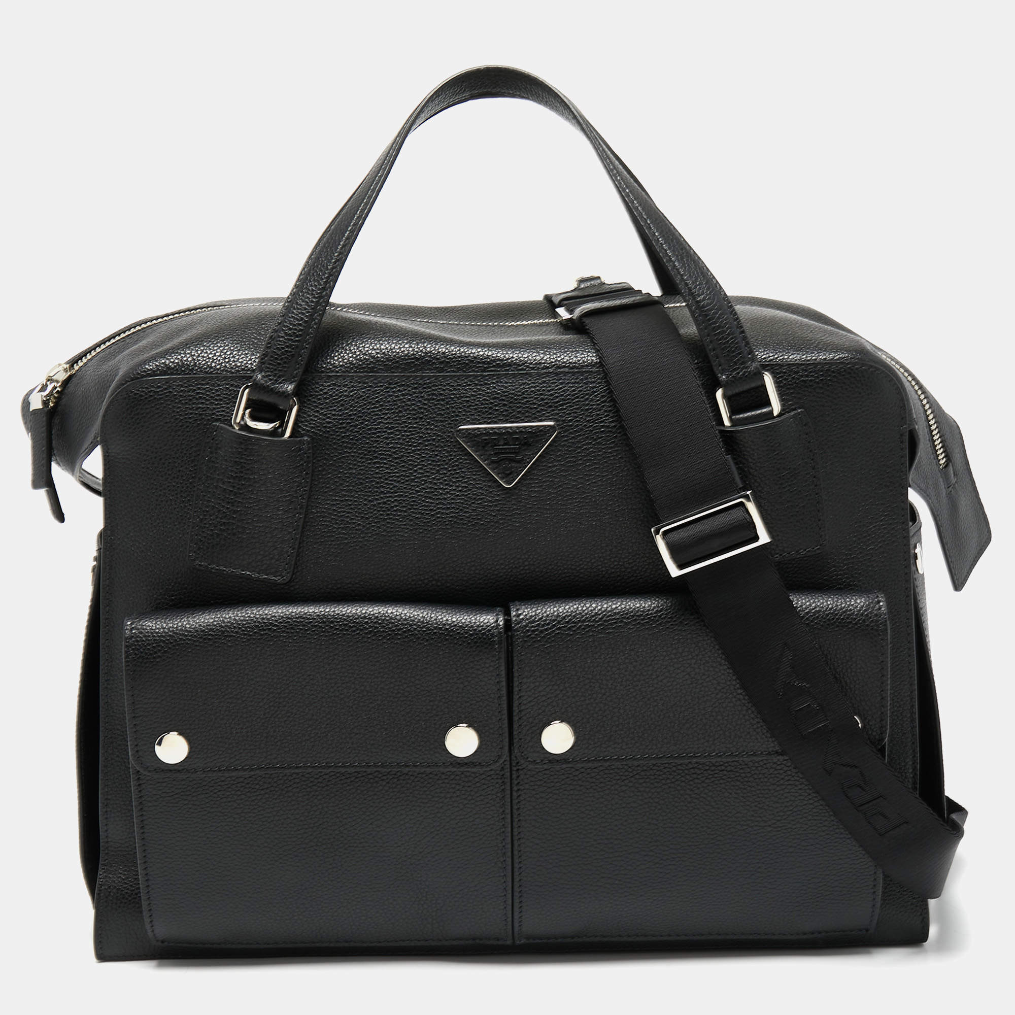Prada Black Leather Double Pocket Briefcase Bag