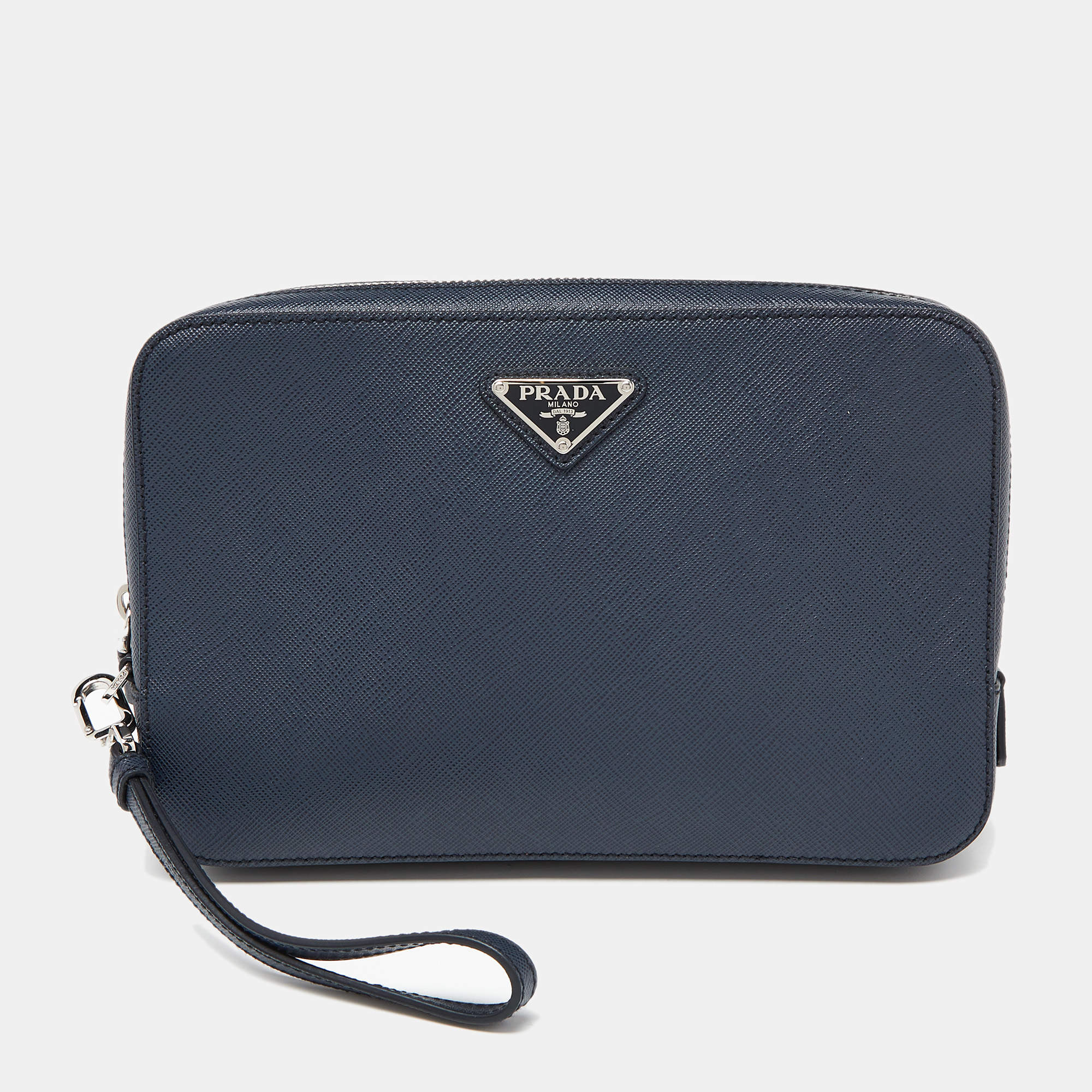 Pre Owned Prada Navy Blue Saffiano Leather Zip Wristlet Pouch