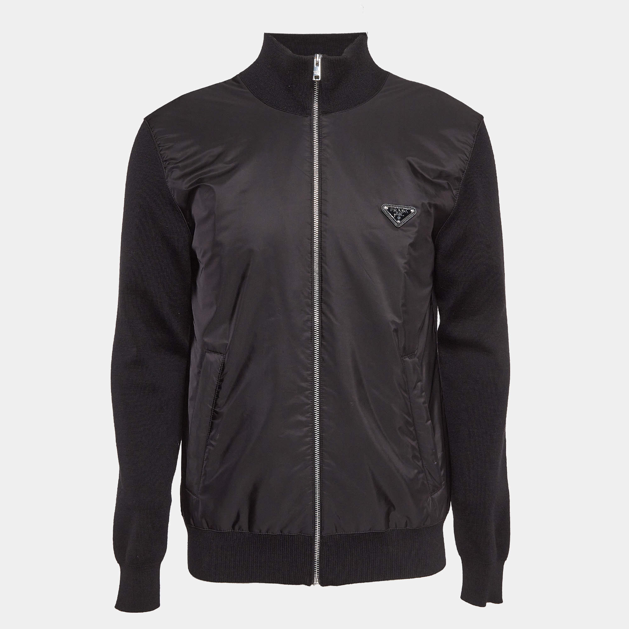 Prada Black Triangle Logo Re-Nylon and Knit Jacket XL