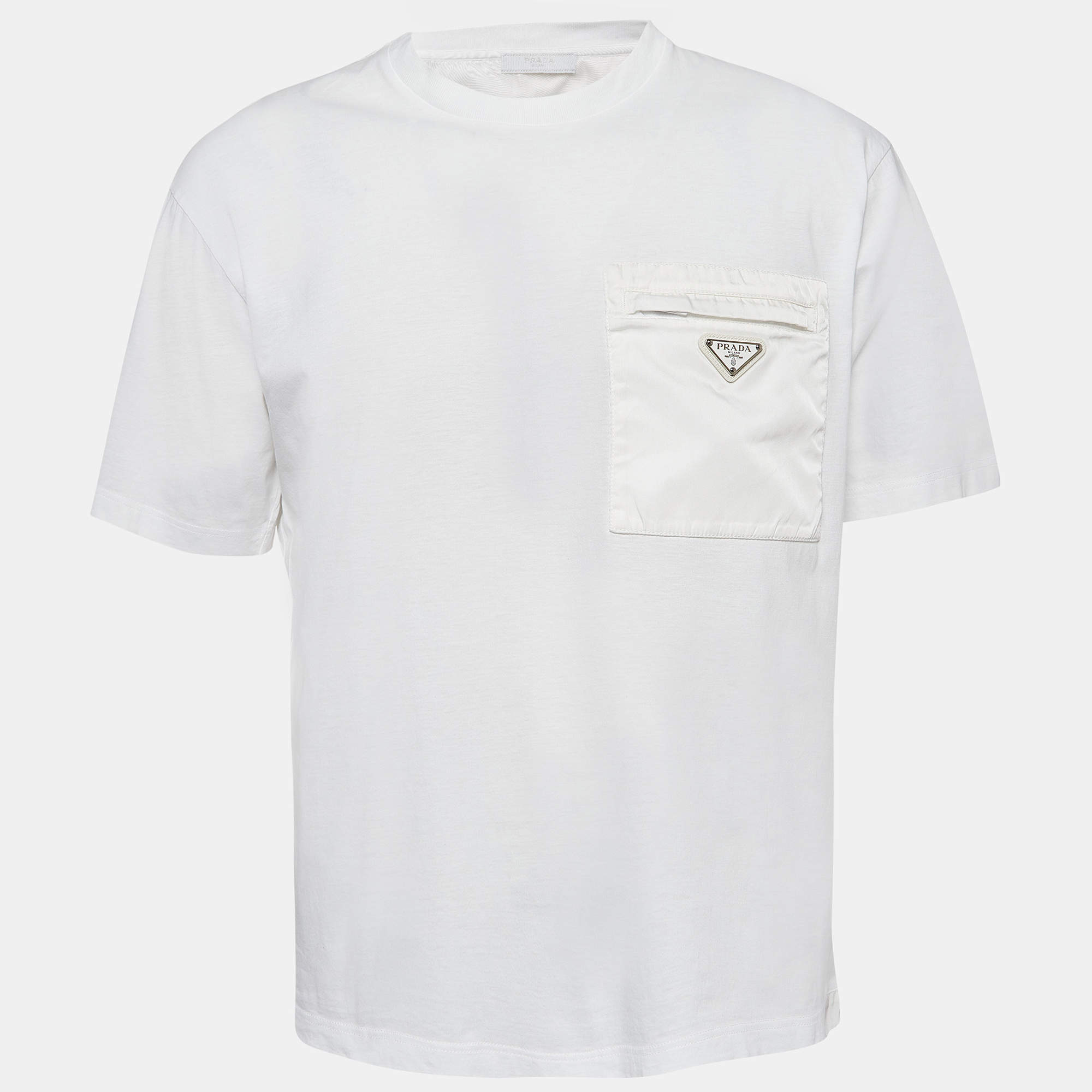 Prada White Triangle Logo Pocket Detail Cotton T-Shirt XL