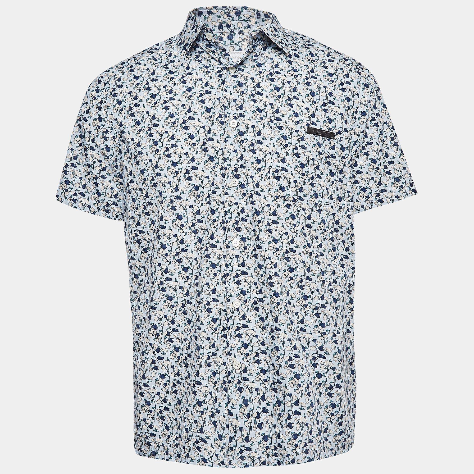Pre Owned Prada Blue Floral Print Cotton Short Sleeve Shirt L