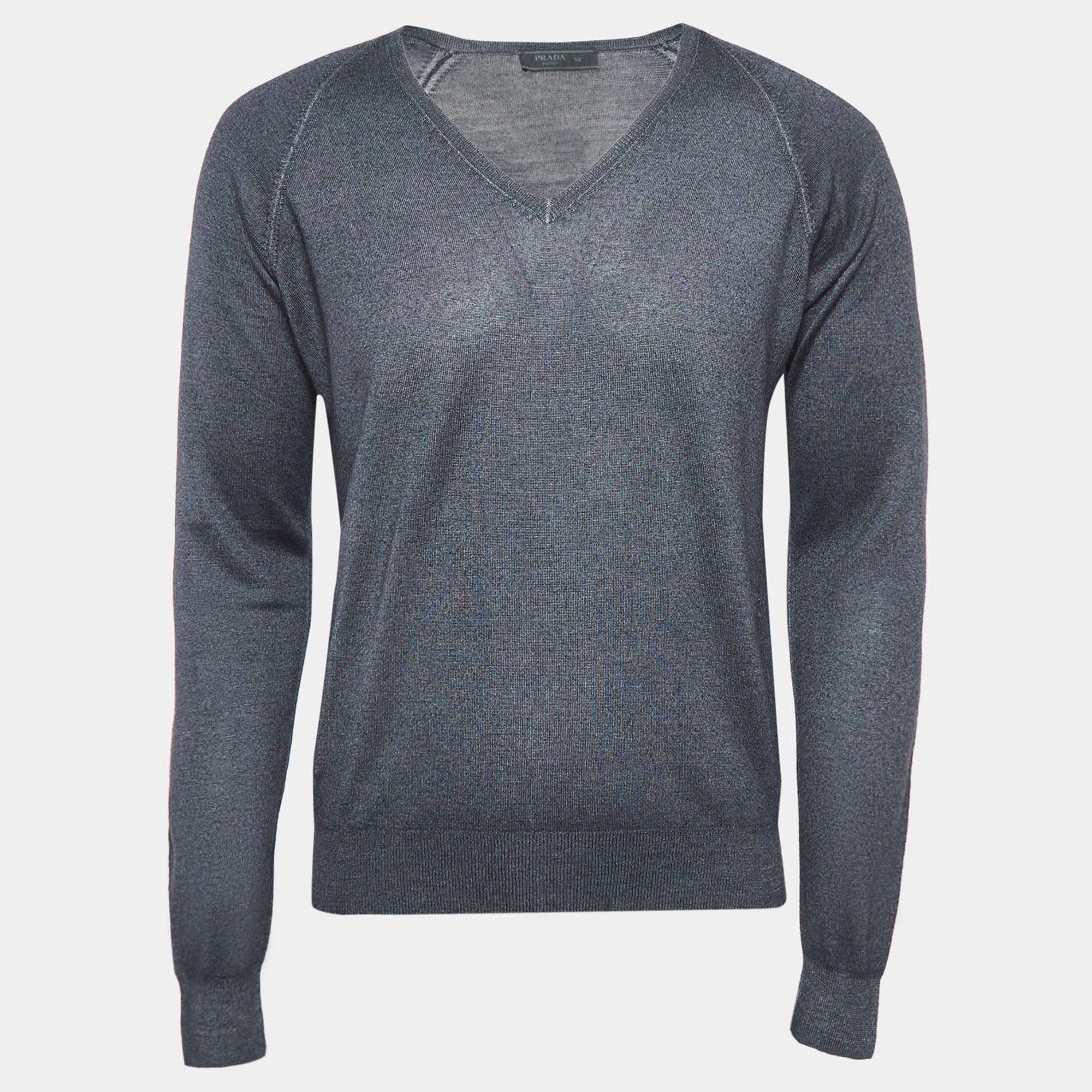 Prada Grey Wool Blend Knit V-Neck Sweater L