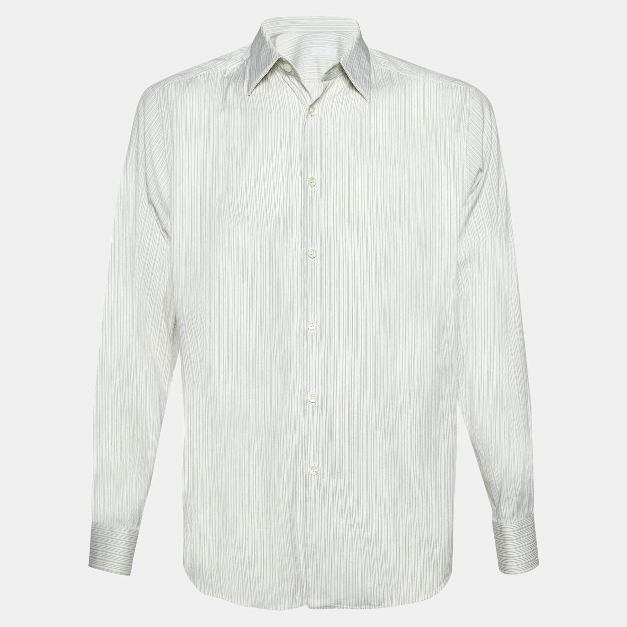 Pre Owned Prada White Striped Cotton Long Sleeve Shirt M