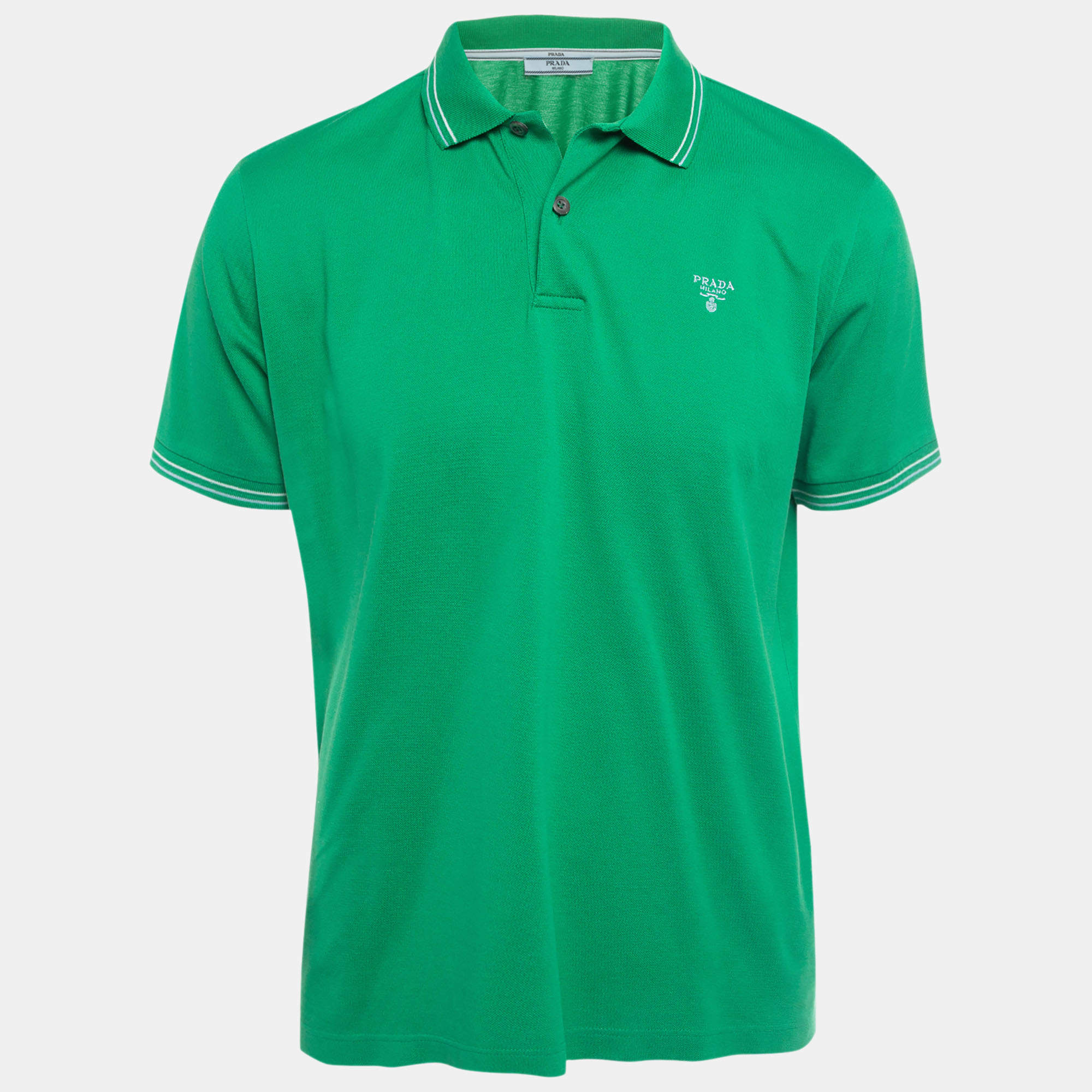 Prada Green Logo Embroidered Cotton Pique Polo T-Shirt L