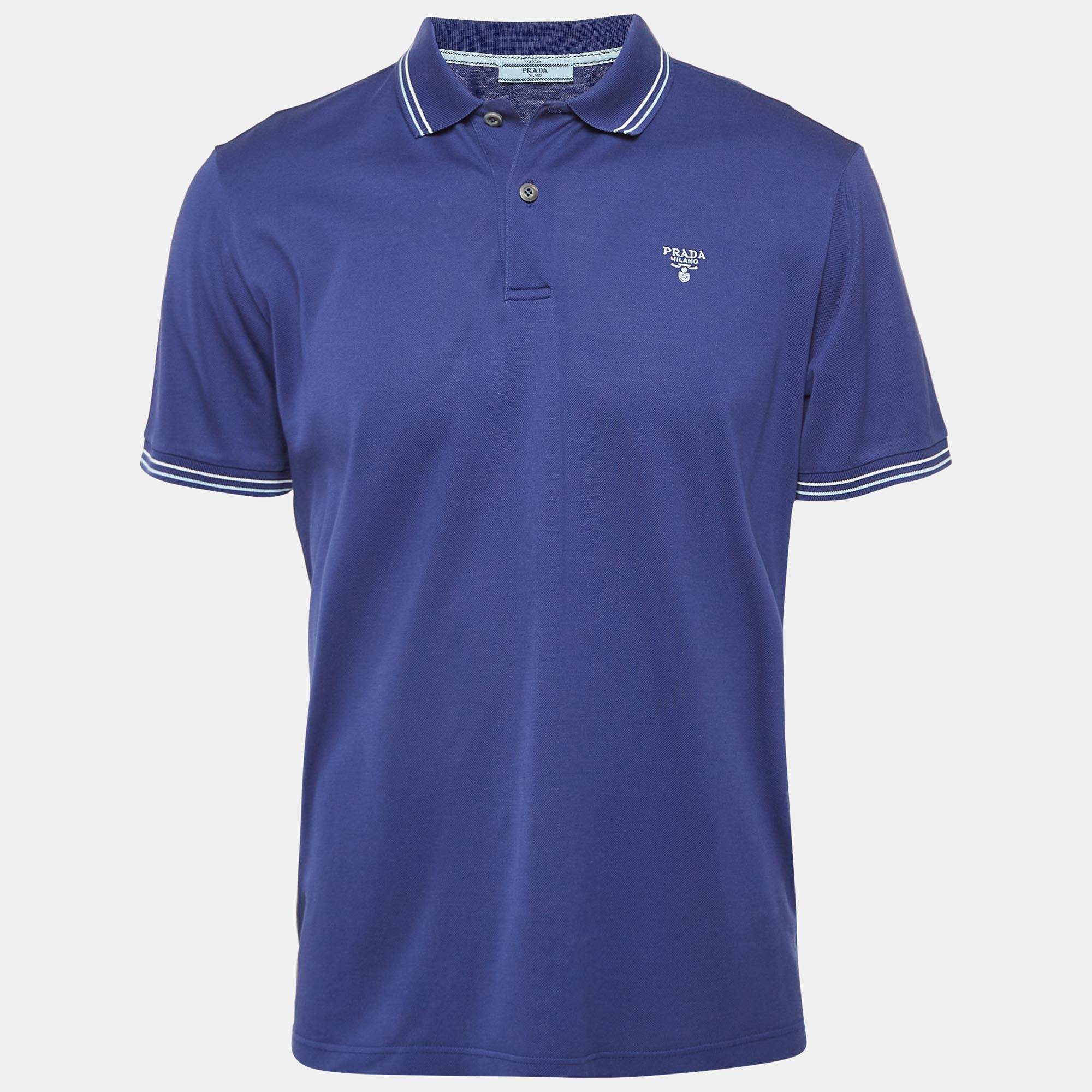 Prada Navy Blue Pique Logo Embroidered Cotton Pique Polo T-Shirt L