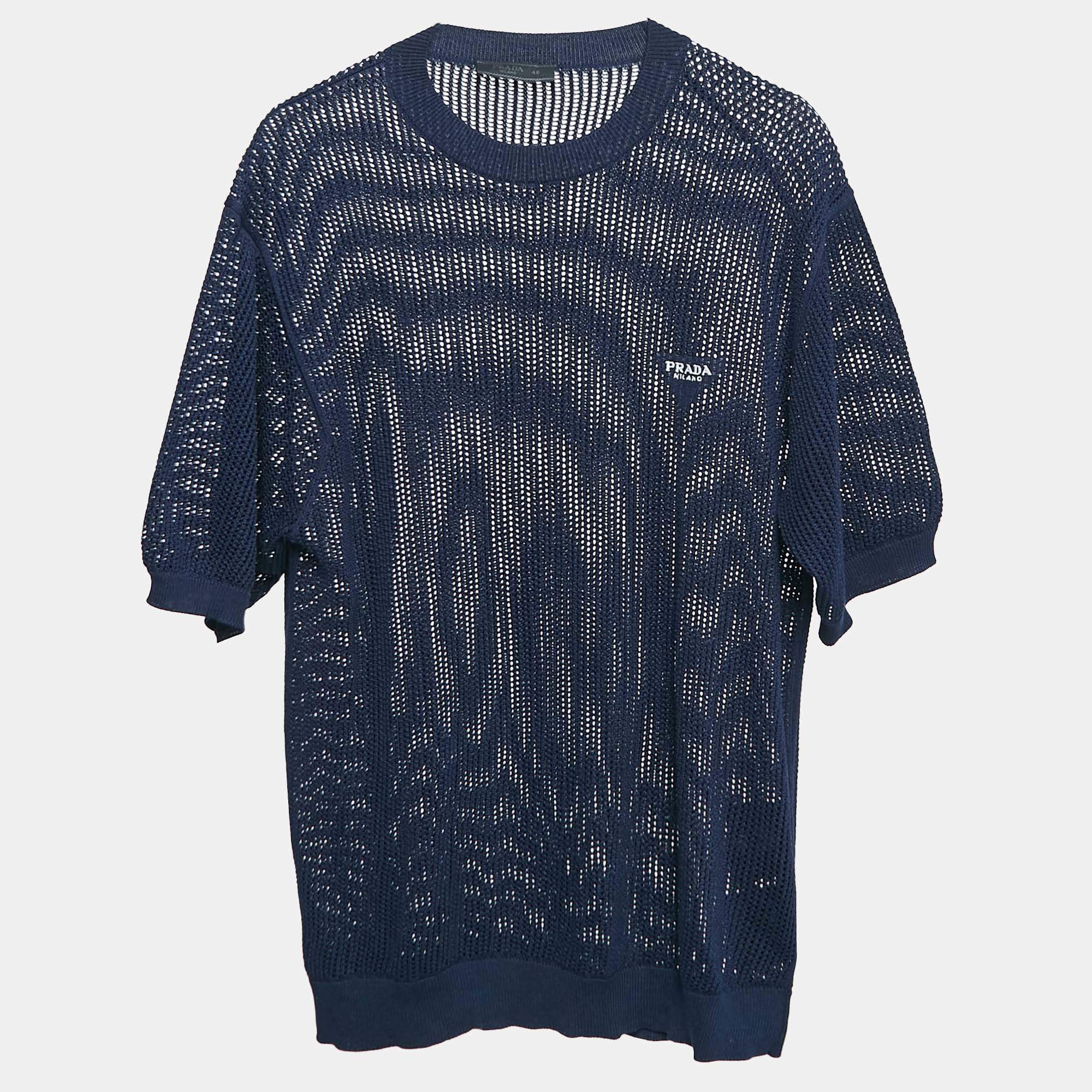 Prada Black Navy Blue Pinhole Patterned Knit Jumper S