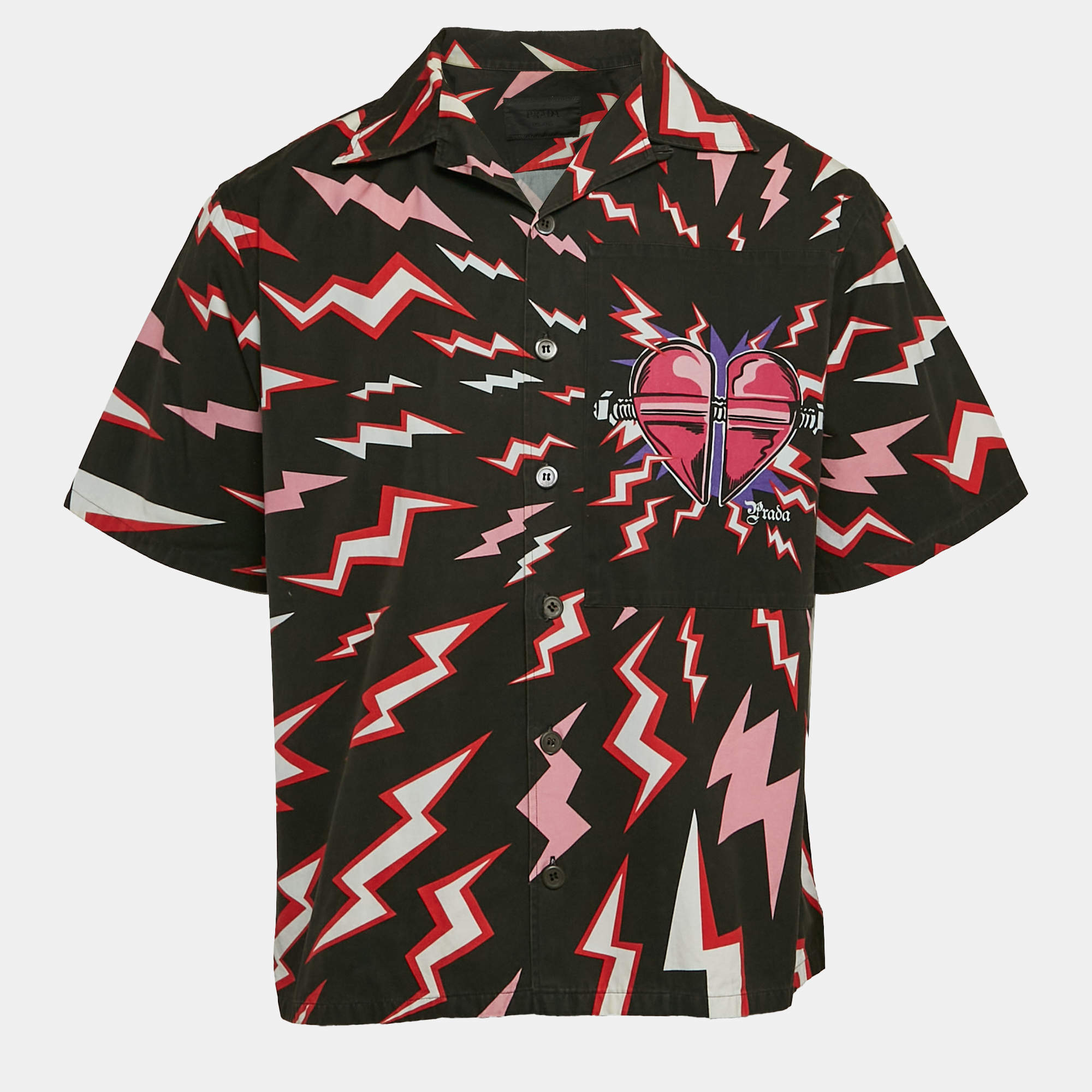 Prada Black Lightning Bolt Print Cotton Bowling Shirt M