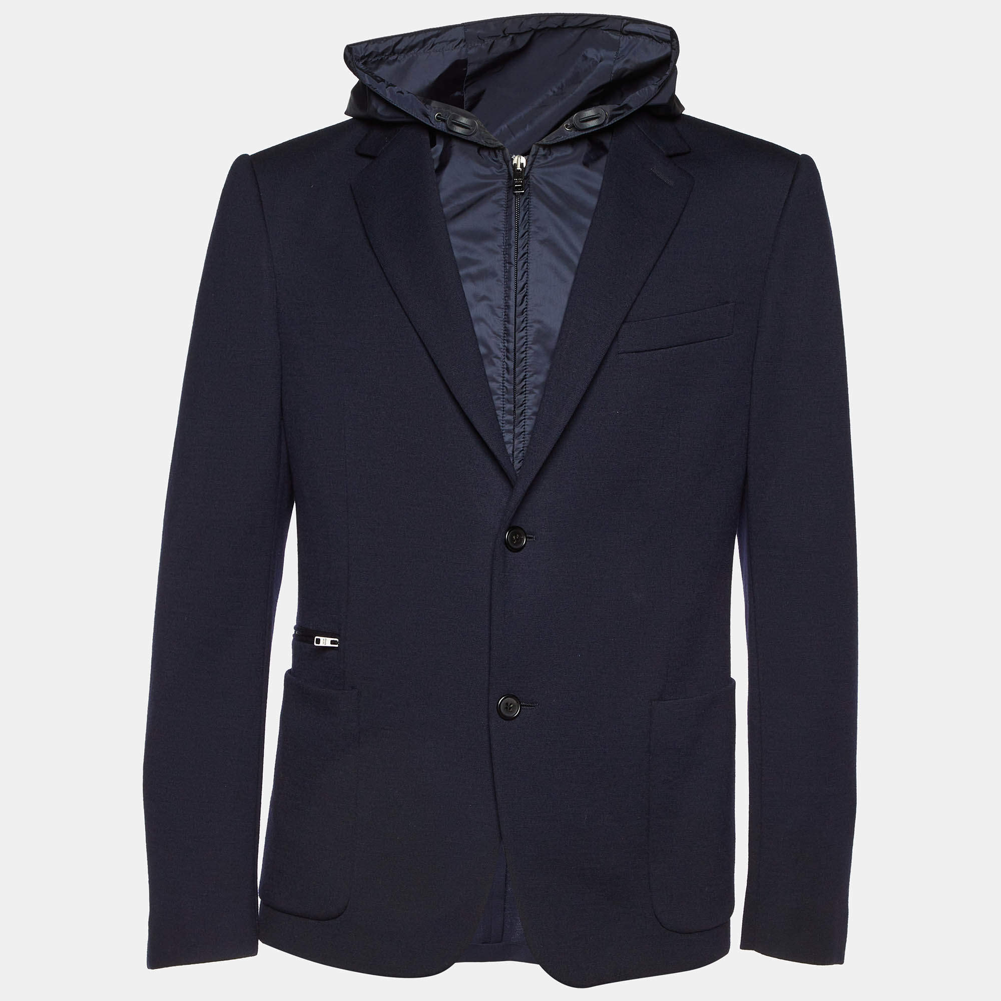 Prada Navy Blue Wool Knit Detachable Hood Jacket XL
