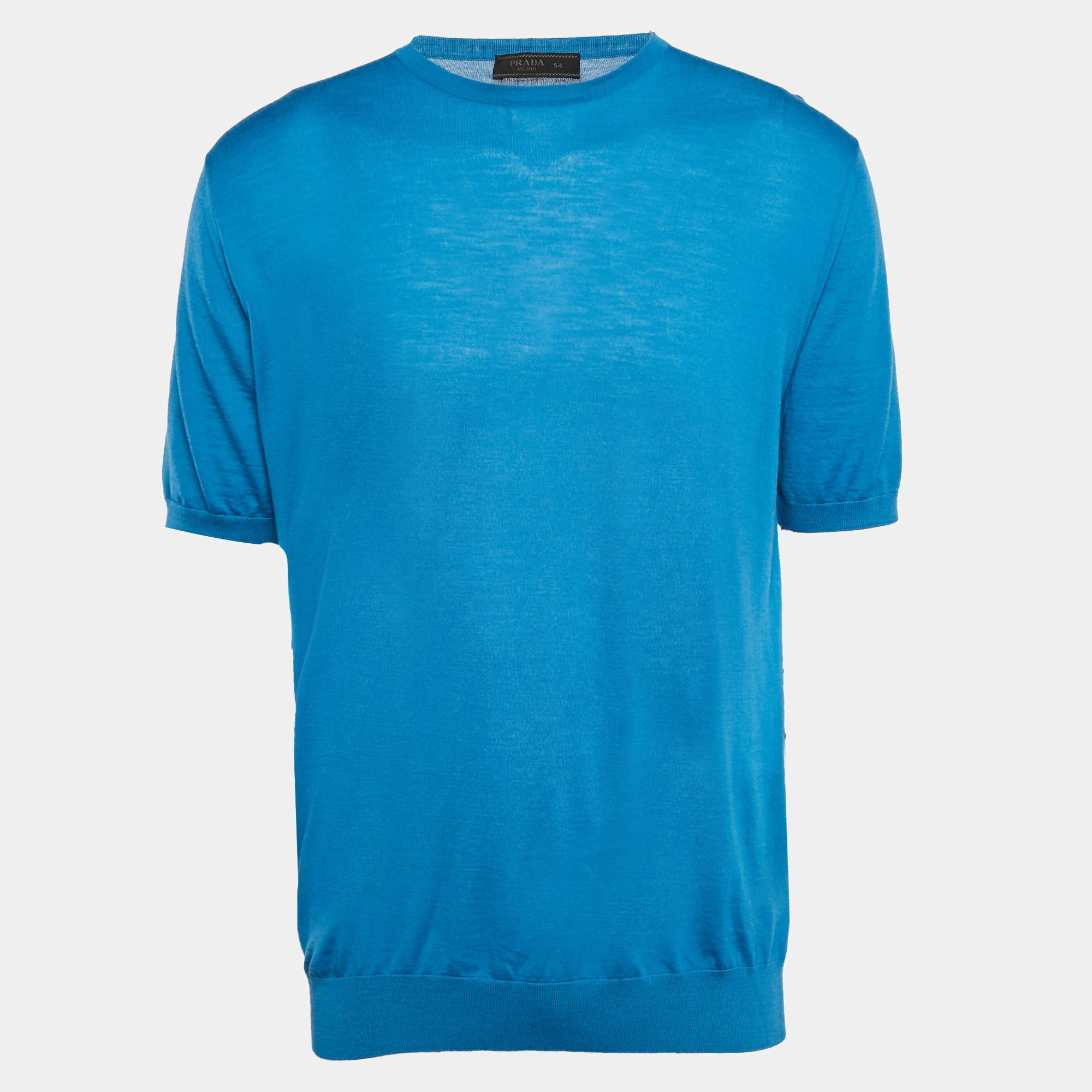 Prada Blue Wool Knit Crew Neck T-Shirt XXL