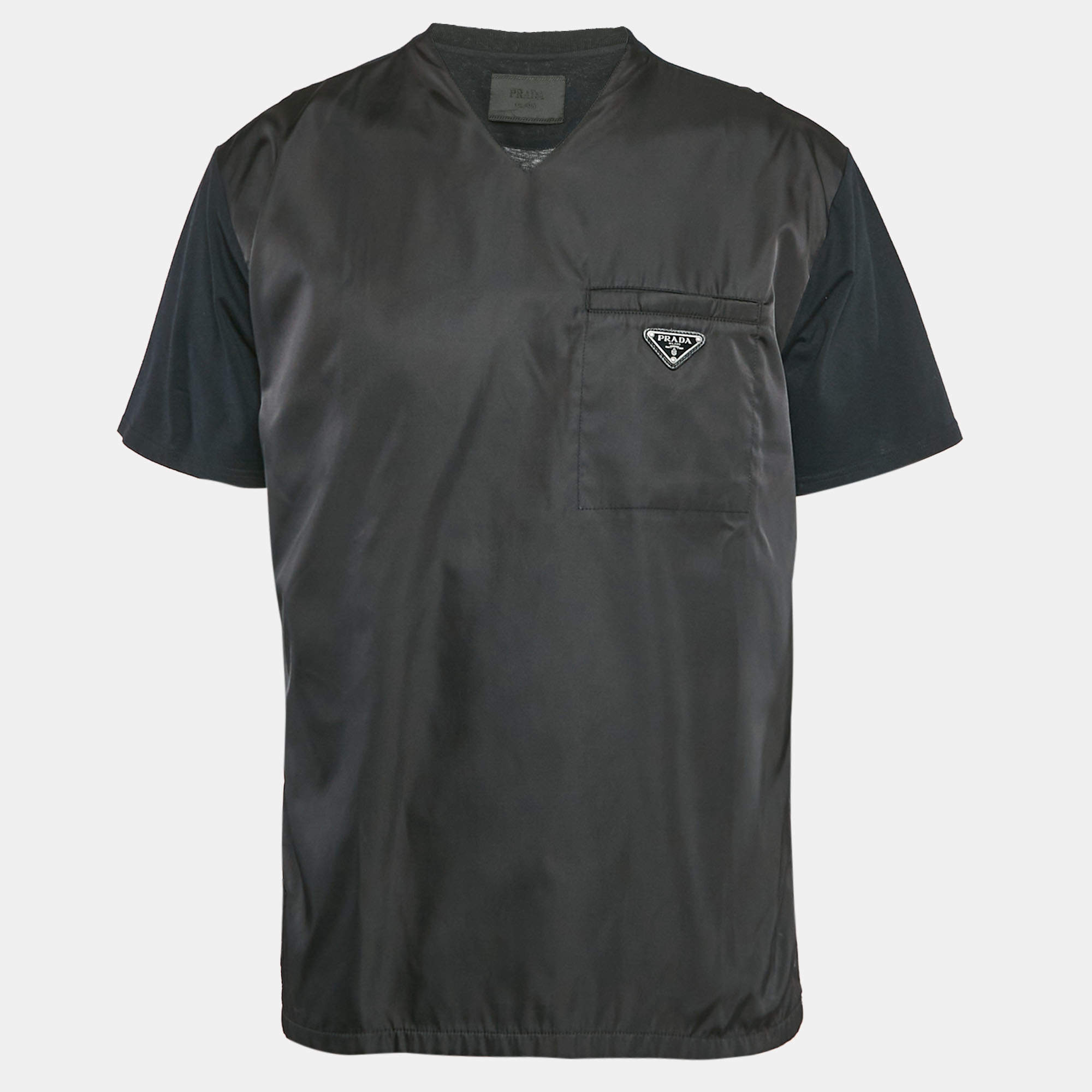 Pre Owned Prada Black Cotton Patch Pocket Detail V-Neck T-Shirt L