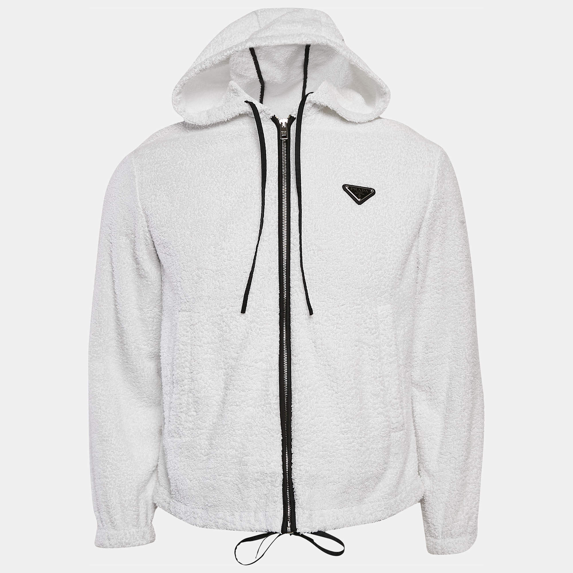 Pre Owned Prada White Terry Enamel Detail Metal Logo Zip-Up Hoodie Jacket S