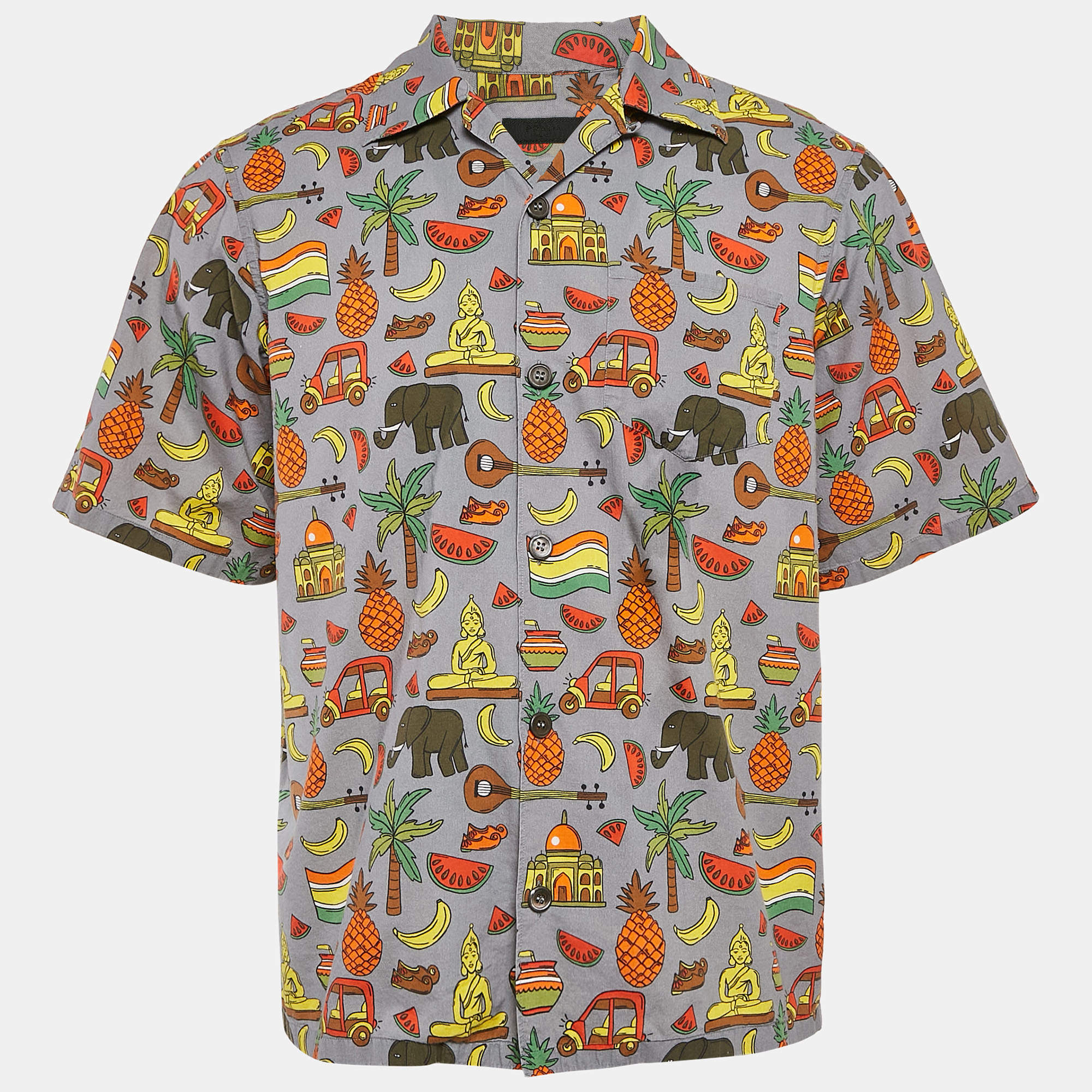 Prada Grey/Multicolor Printed Cotton Bowling Shirt M