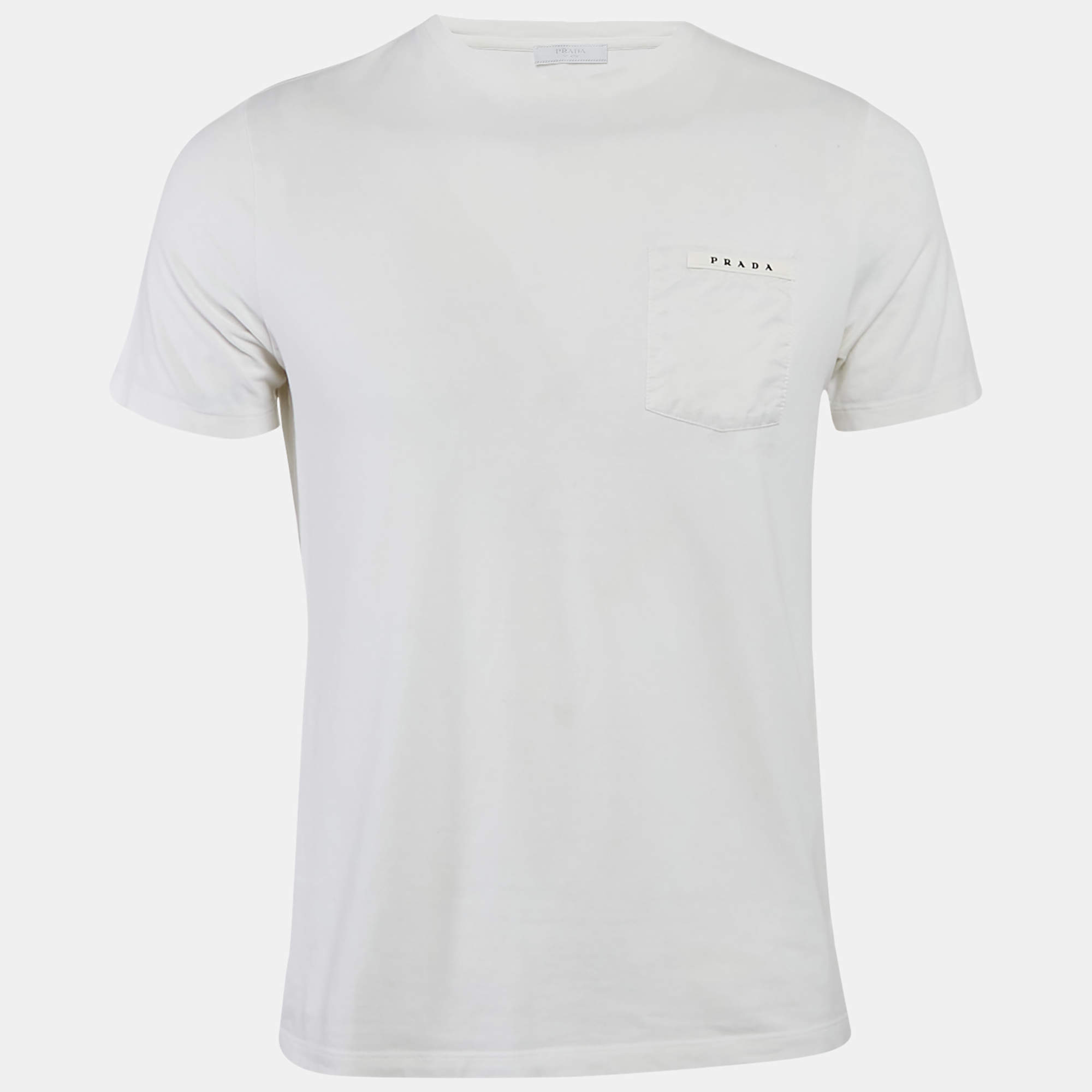 Pre Owned Prada White Cotton Knit Pocket Detail Crew Neck T-Shirt S