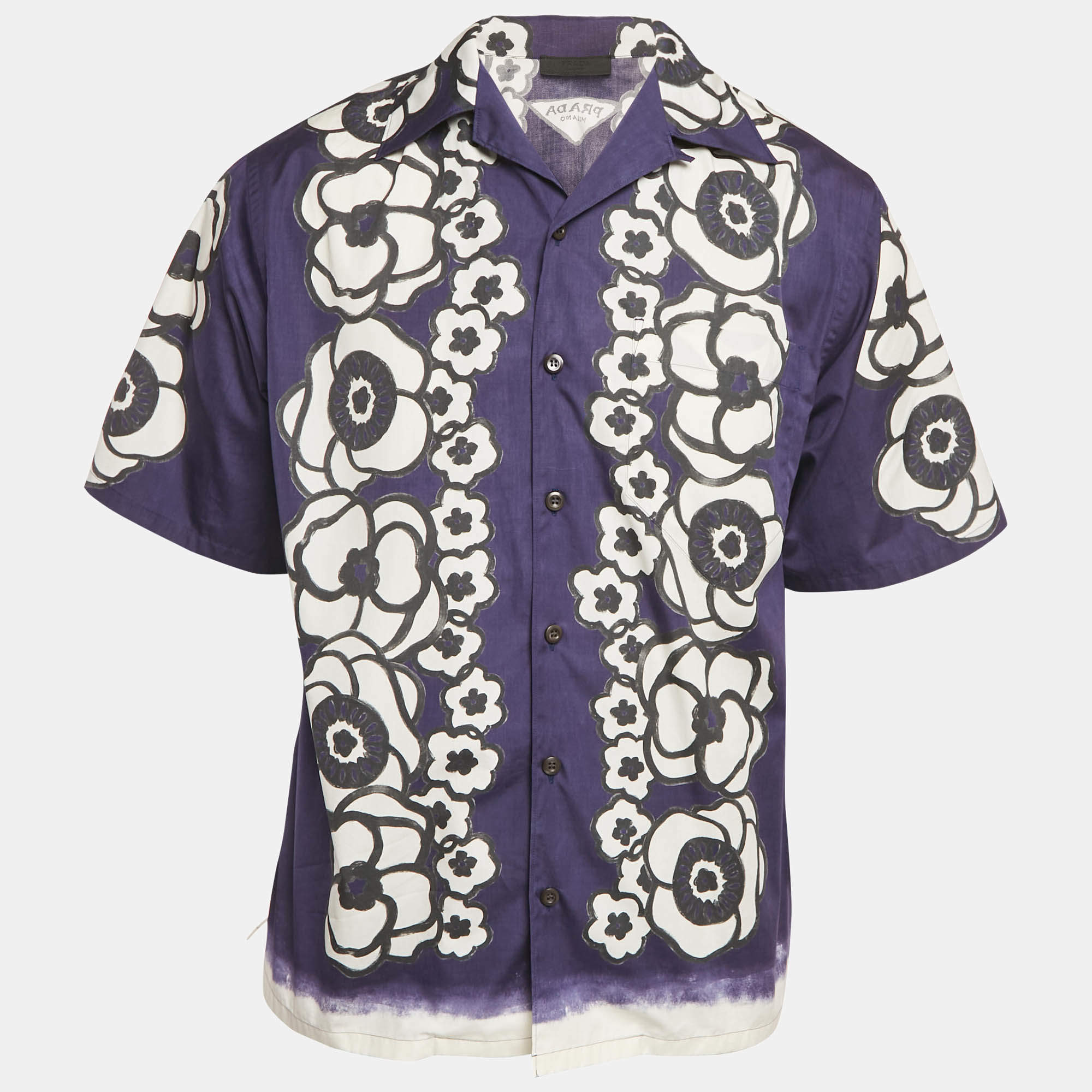 Prada Blue Floral Print Cotton Short Sleeve Shirt M