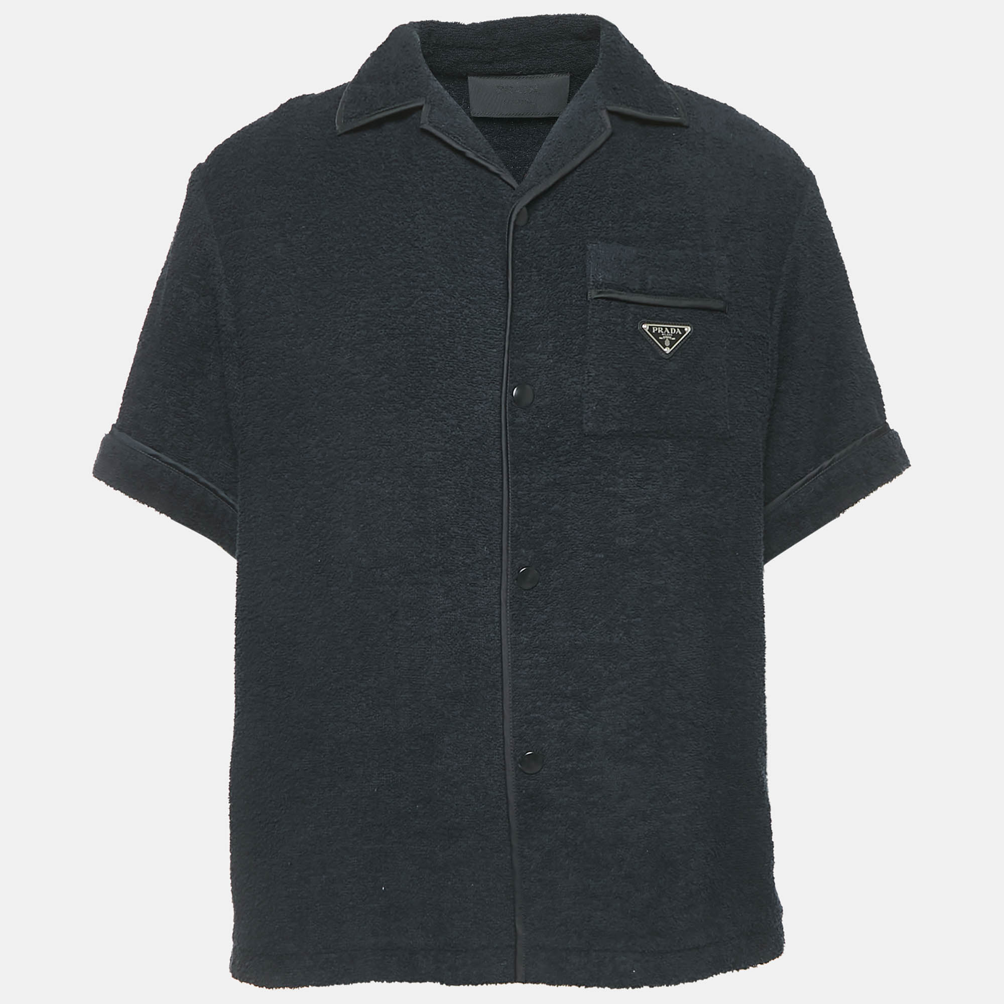 Prada Blue Terry Cotton Logo Detail Bowling Shirt L
