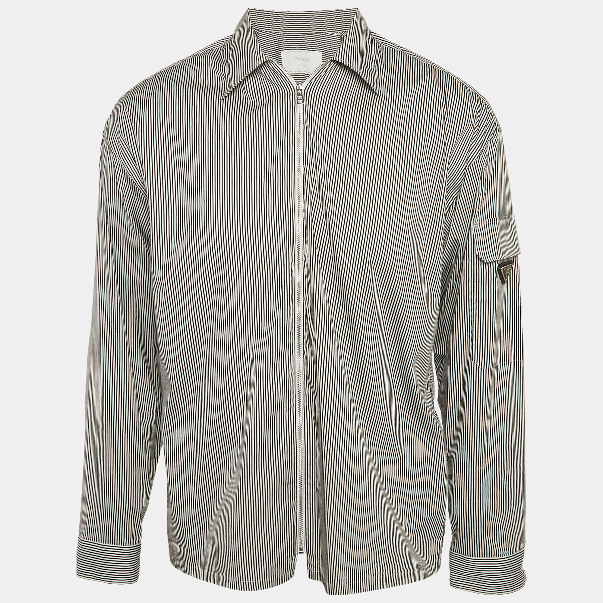 Pre Owned Prada Black/White Striped Cotton Zip-Up Shirt S